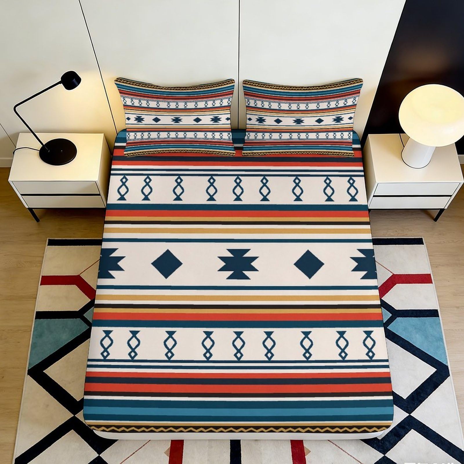 Uxinyoume Style-5 3D Printed Aztec Geometric Fitted Sheet Microfiber Soft Striped Tribal Mattress Cover Bedroom Guest Room Decor 90X200x25cm