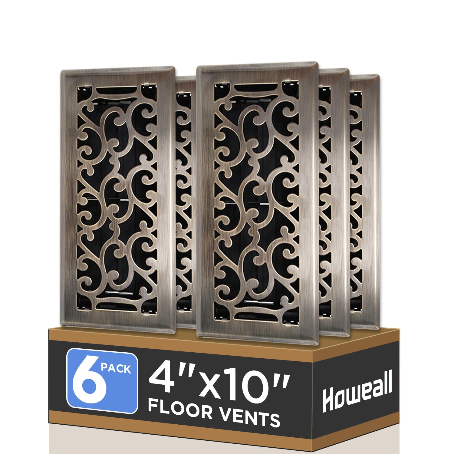 Howeall 4x10 Inches 6 Pack Heavy Duty Walkable Floor Register - Easy Adjust Air Supply Lever Decorative Floor Vent Covers, Savannah Design Vent Covers for Home - Antique Brass