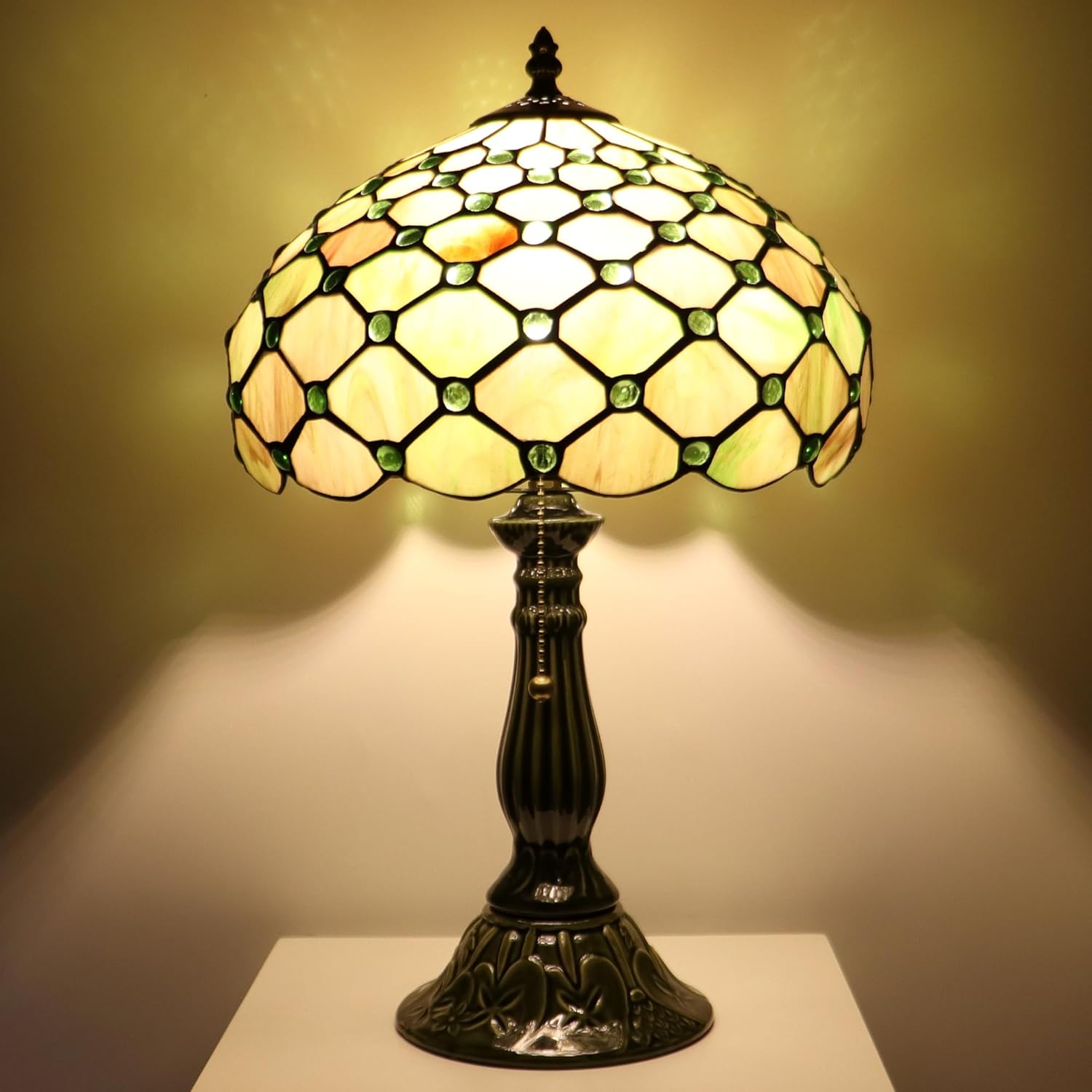 Tiffany Lamp Stained Glass Table Lamps Amber Green Pearl Style Desk Lamp12X12X18.5 Inch Bronze Ceramic Base Reading Light Suitable for Bedside Bedroom Living Room Dining Room Office
