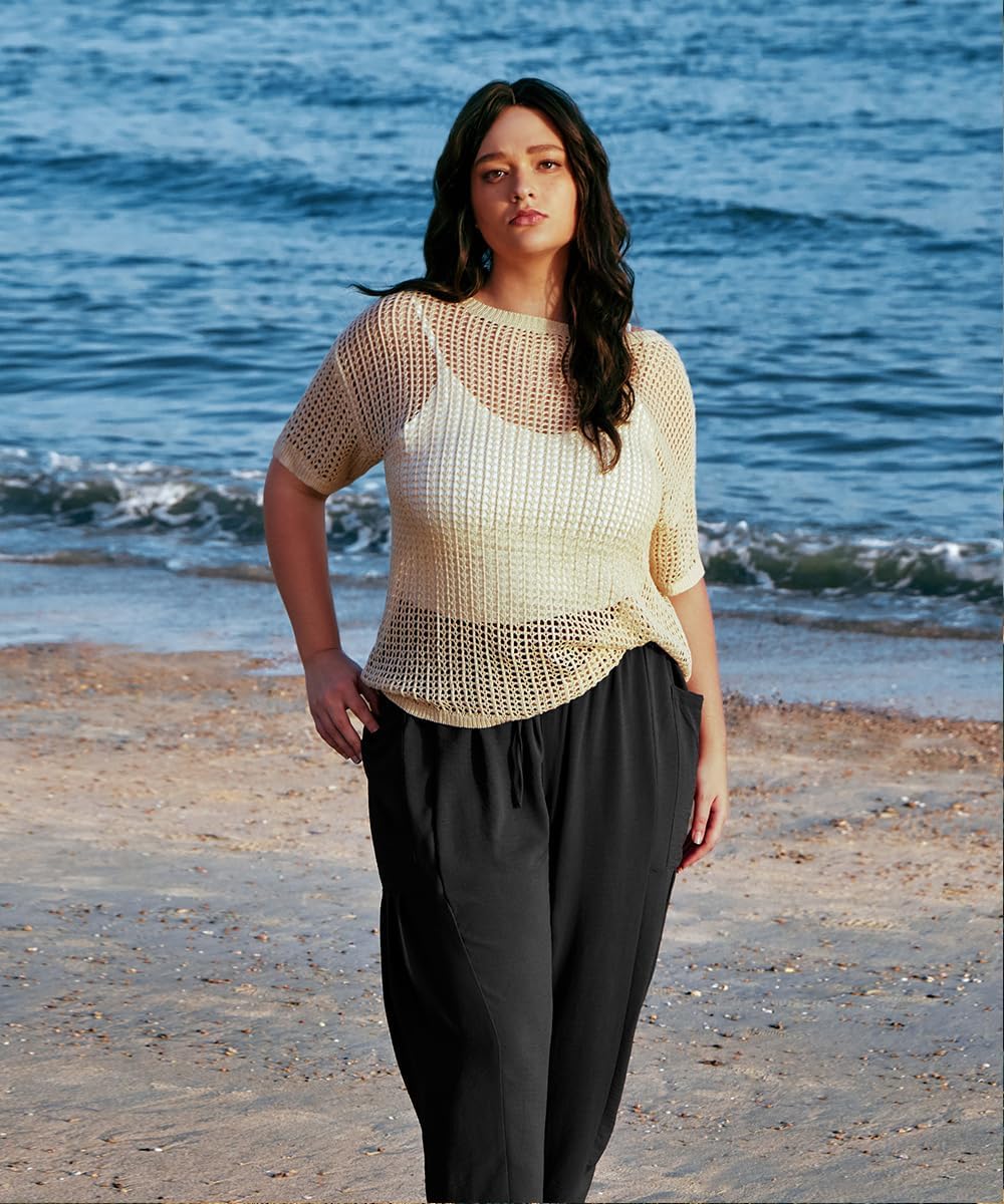 CARCOS Plus Size Pants Womens Summer Palazzo Pants Drawstring Wide Leg Harem Beach Pant with Pockets Vacation Outfits XL-5XL - Image 2