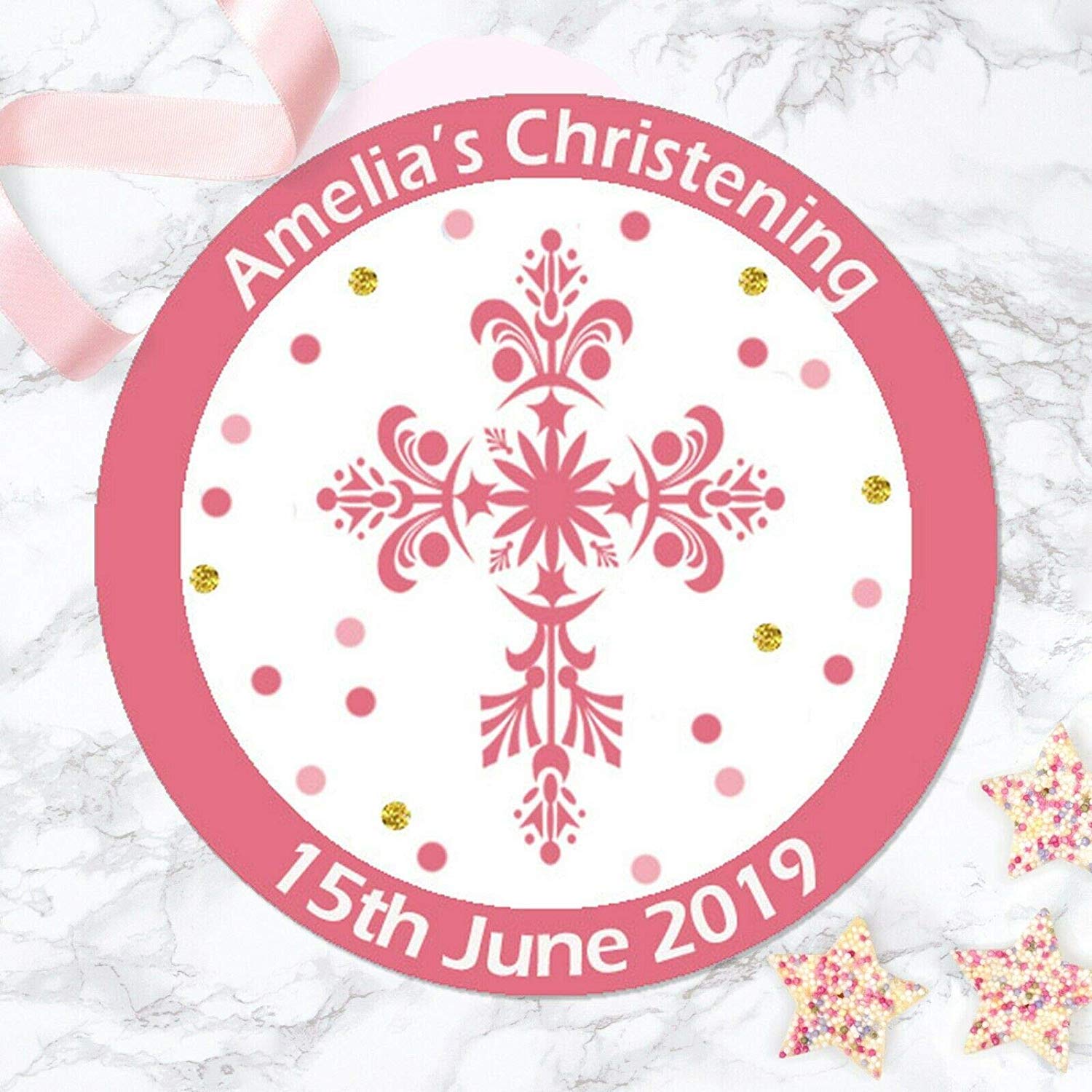 Treasured Forever 24 x Personalised Christening Baptism Round stickers for Party Favours/Thank You/Sweet Cone/Bags (Pink)