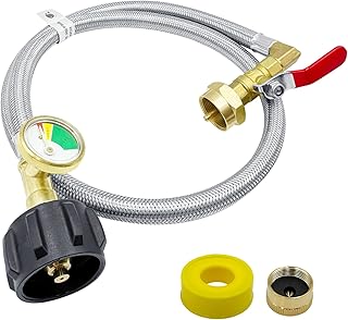 Propane Refill Adapter for 1 lb. Tanks,Upgraded Propane Tank Refill Adapter Hose, 3 FT/36'' Stainless Steel Propane Extension Refill Hose with Gauge and ON/Off Control Valve (QCC1/Type1 Inlet)
