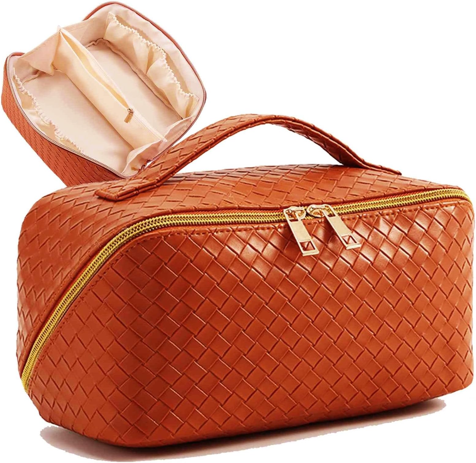 TiokkssUpgrade Makeup Bag Large Capacity Travel Cosmetic Bag Make Up Bags for Women Waterproof Portable Cosmetic Bags with Handle and Divider Flat Lay Makeup Organizer Bag (Orange)