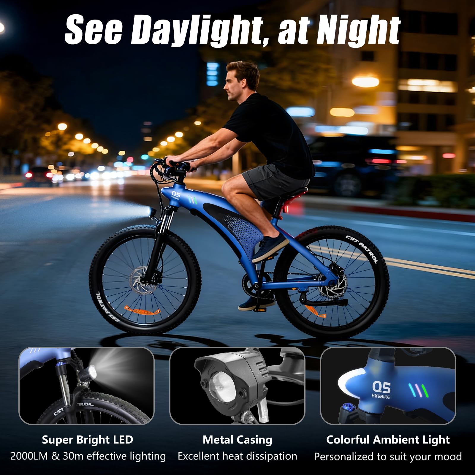 HX Q5 Shark Bicicleta Eléctrica Montaña para Adultos con Carga rápida 48V 15AH Batería Extraíble,27.5"x2.25" Tyre EBike con luz RGB,SHIMAN0 9 velocidades,Frenos de DIS hidráulicos y Alcance 70-80KM