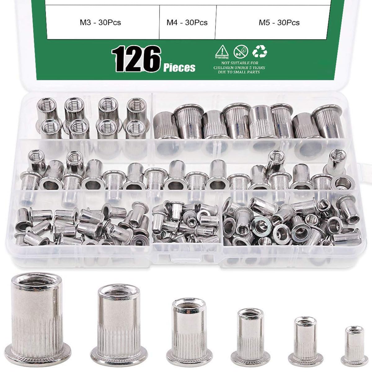126 Pieces 304 Stainless Steel Flat Thread Rivet Nut Insert Nut Rivet Nut Assortment Kit - M3 M4 M5 M6 M8 M10