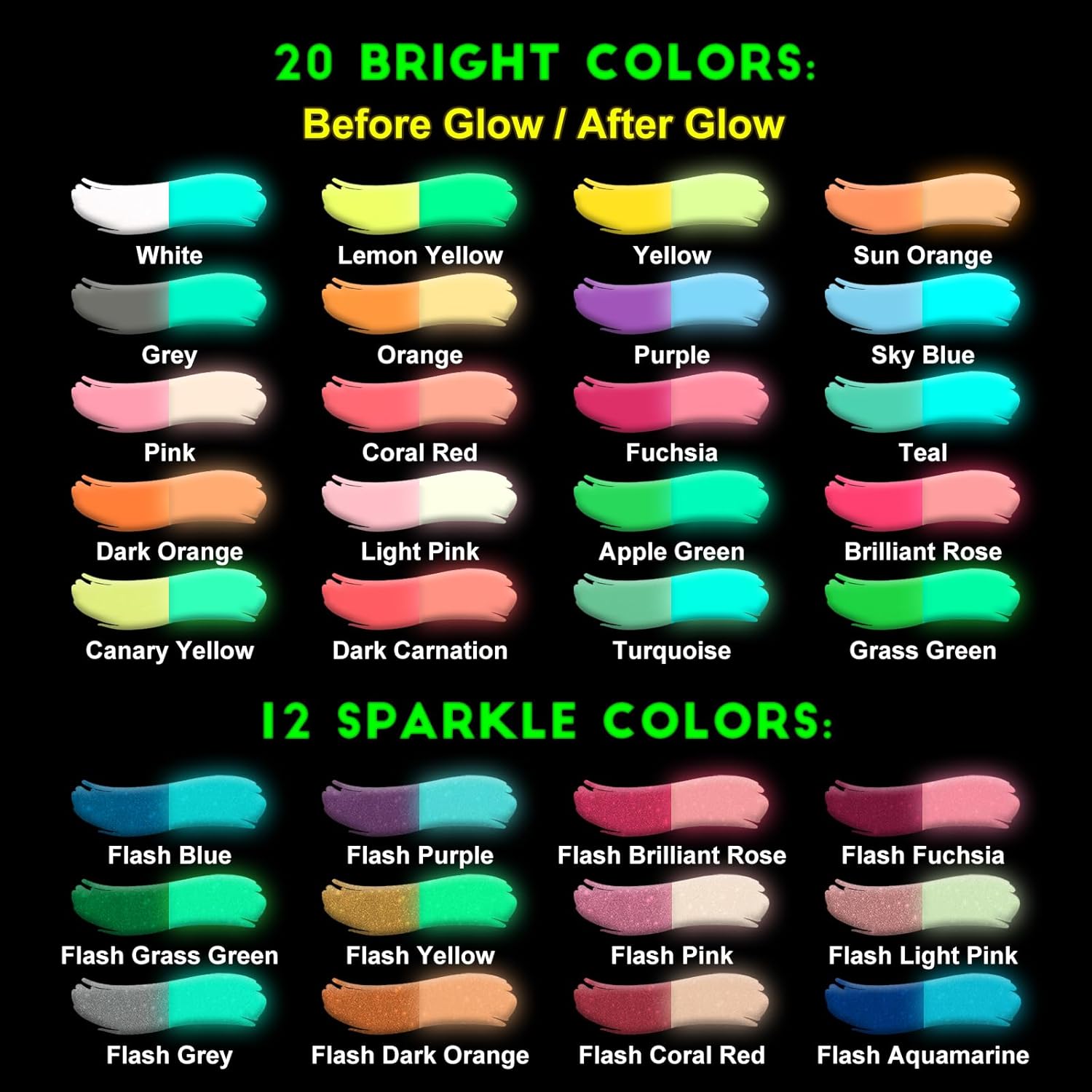 FansArriche Glow in the Dark Fabric Paint, 32 Colors Neon Acrylic Paint for DIY Crafts, Halloween, Christmas Decorations, Luminous Paint for Clothes, Wood, Canvas, Rock, 20 ml/Bottle