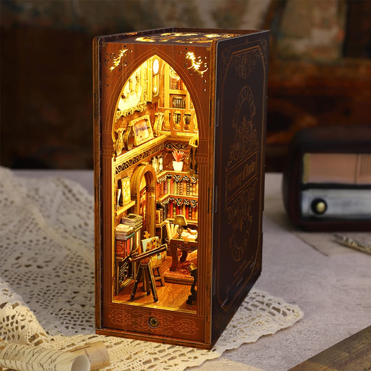 DIY Book Nook Kit, 3D Wooden Puzzle Bookend with LED Light, Magic