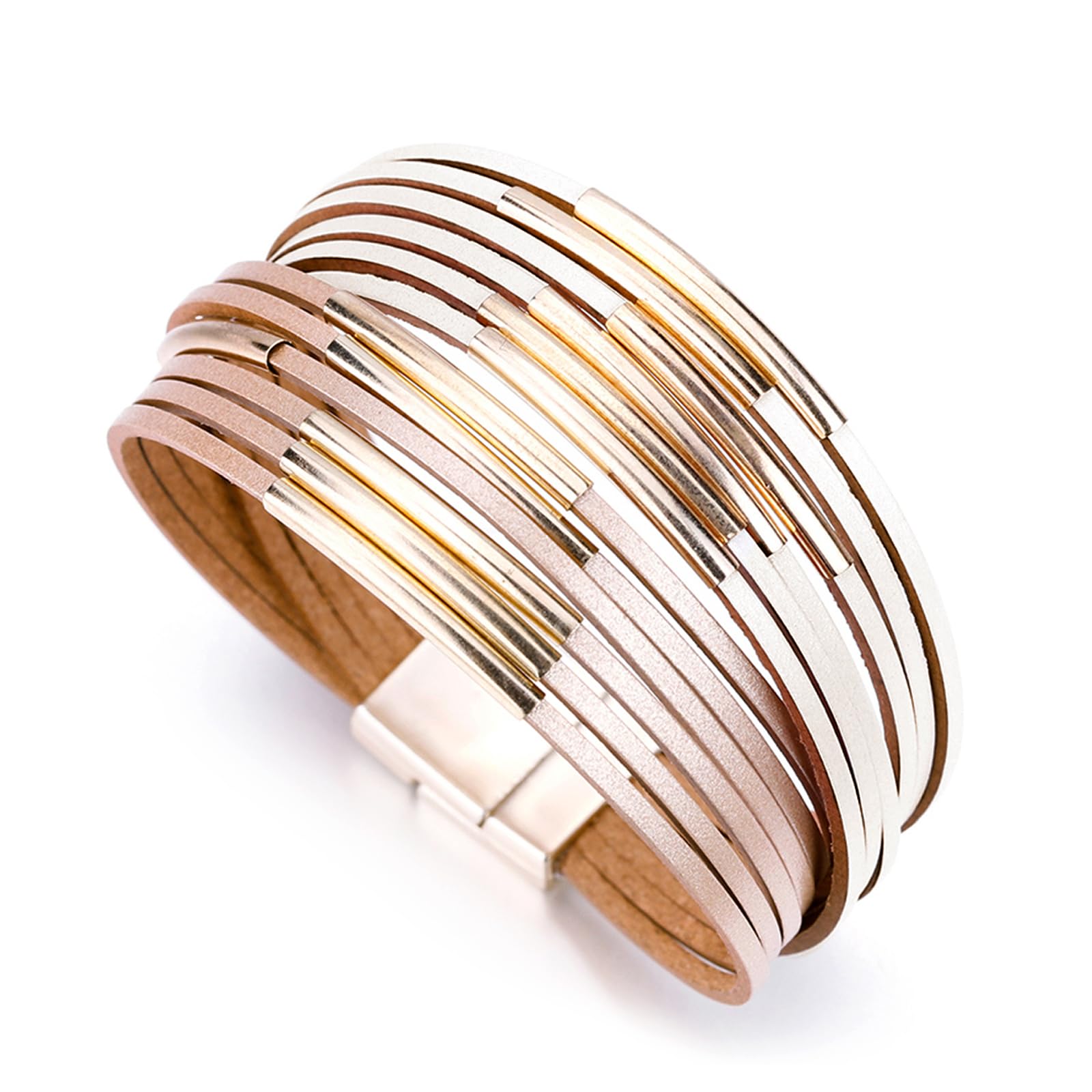 FescioryWomen Multi-Layer Leather Wrap Bracelet Handmade Wristband Braided Rope Cuff Bangle with Magnetic Buckle Jewelry