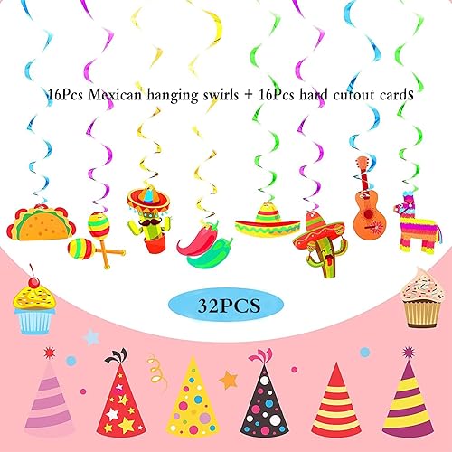 Miniatura 2 de 32 decoraciones de remolinos colgantes para fiesta mexicana, cumpleaños de dos días de taco, suministros de fiesta de Cinco de Mayo, decoraciones