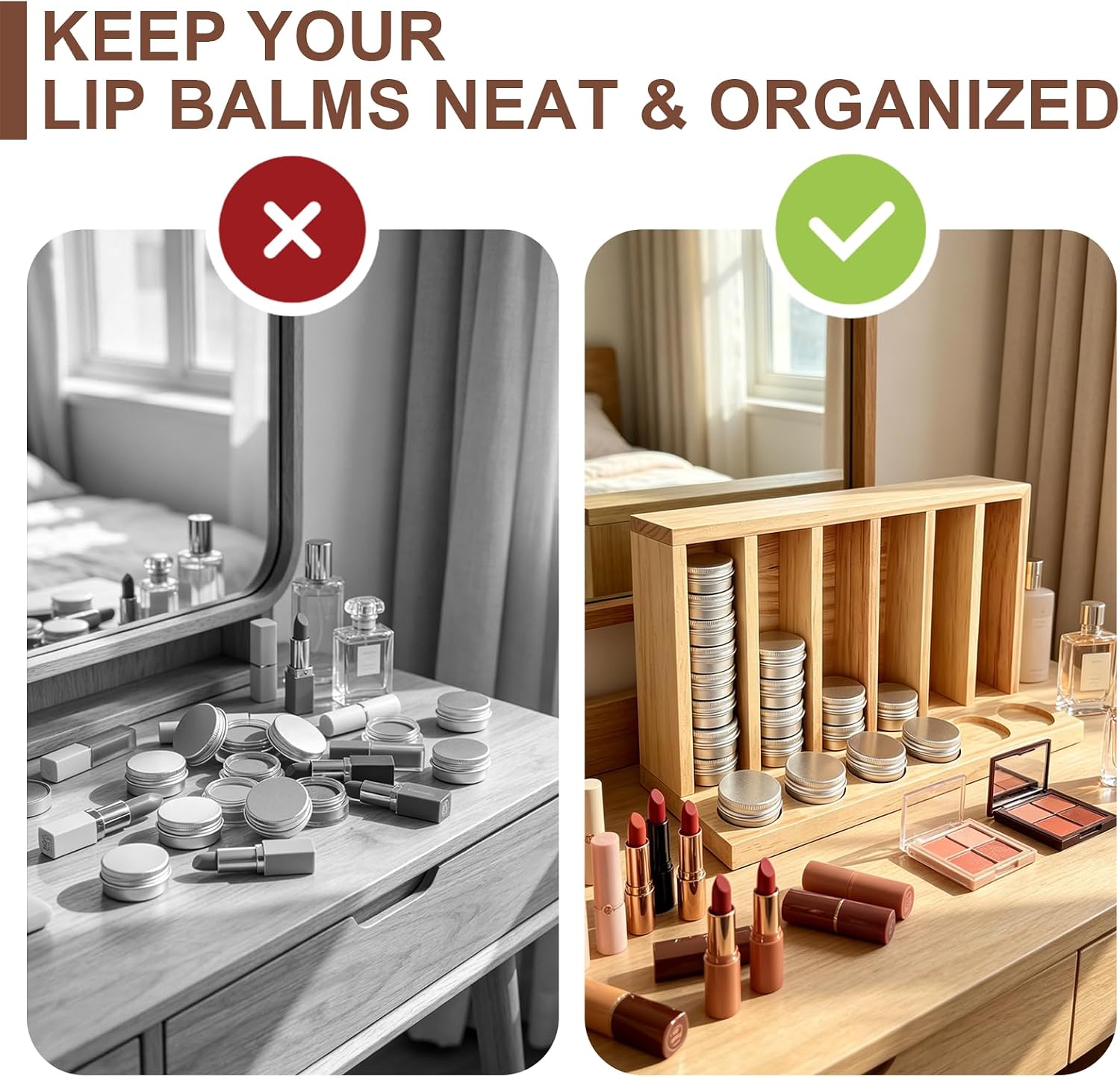 6 Slot Lip Balm Tin Display Holder, Wood Countertop Organizer Rack for 0.5oz Small Containers, Portable Chapstick Display Stand for Craft Booths, Retail Stores & Gift Shops