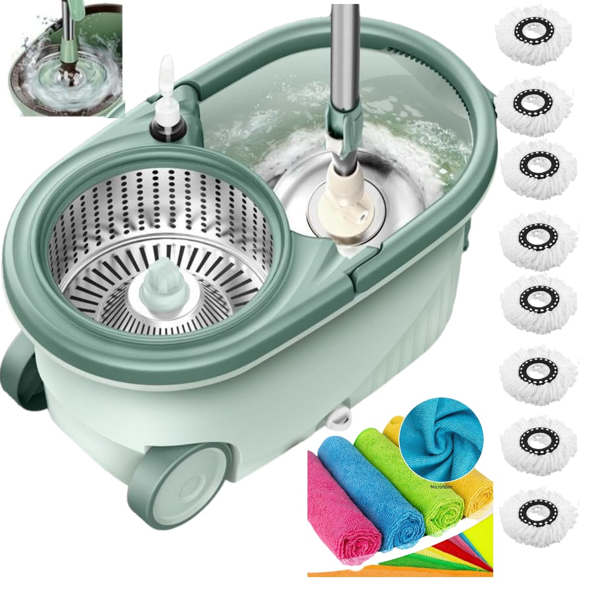 Ultimate Heavy Duty Spin Mop and Buckets Sets, Microfibre Flat Mop Bucket, Telescopic Handle & 8 Reusable Pads for Hardwood Laminate Tile Floors - Microfibre Cloths Included (COMBO X 8)