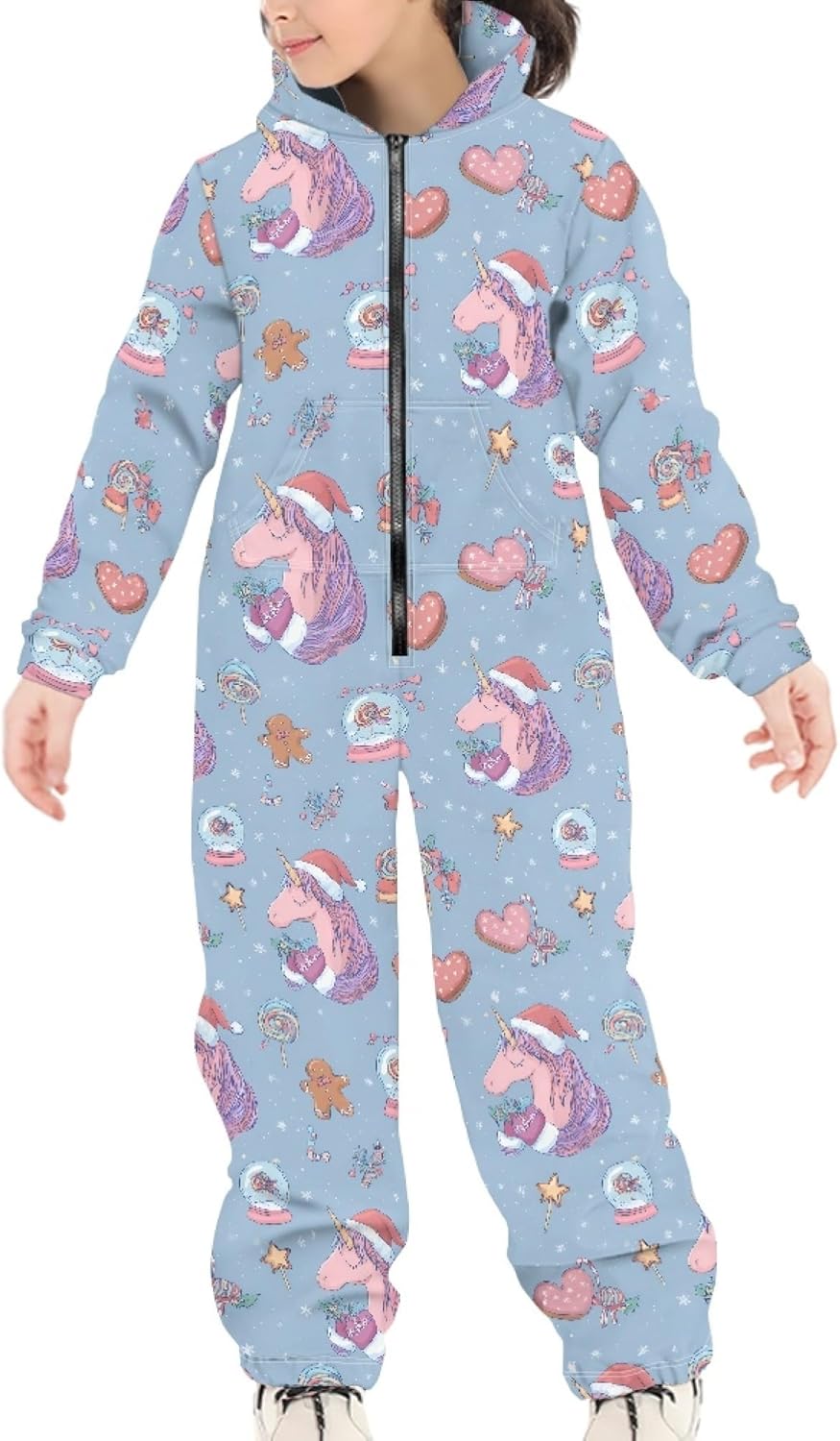 Girls Christmas Hoodie Jumpsuit Zip Up Onesie Holiday Outfit with Pockets for Kids Party Birthday 7-14 Years