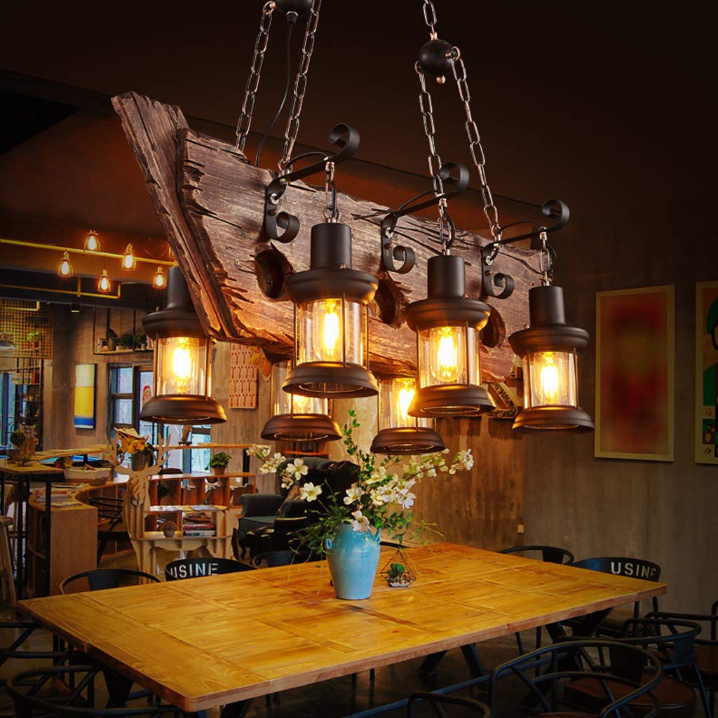Vintage Pendant Lamp Dining Table lamp Antique Boat Wood Hanging Lamp Height Adjustable E27 Retro Restaurant Lights Iron Lampshade Kitchen Coffee Shop Dining Living Room Loft Ceiling Light,B 6 Heads