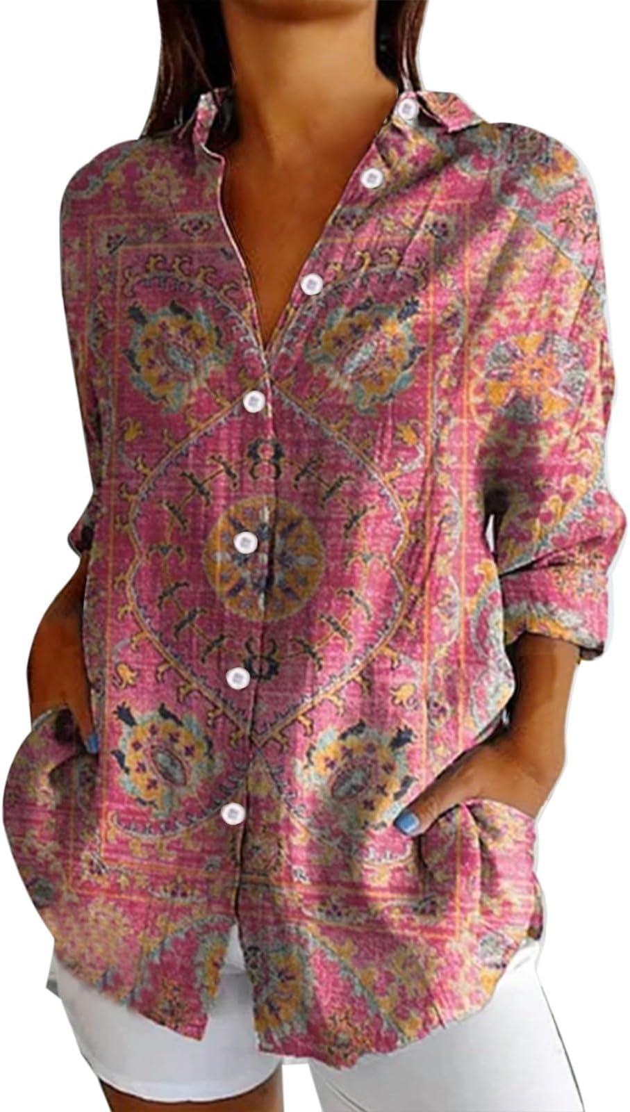 Linen Shirt Women Oversized Long Sleeve Button Down T-Shirts Cardigans Fashion Artistic Print Tunic Tops Summer Casual Loose Fit Boho Blouse Lightweight Plus Size Beach Wear Cover up
