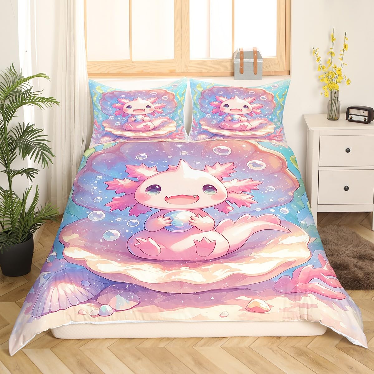 Loussiesd Cute Axolotl Bedding Set for Girls Boys Kids Single Size Cartoon Salamander Comforter Cover Set Kawaii Ocean Sealife Duvet Cover Ocean Bedspread Cover 2Pcs Pink Quilt Cover - Image 2
