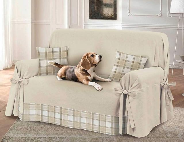 HomeLife - Cotton Sofa Cover for Armchairs with Tartan Insert - Made in Italy  Settee and Love seat Protector From Dust, Dirt, Stains, Dog and Cat Hair - Machine Washable (Armchair - Cream)