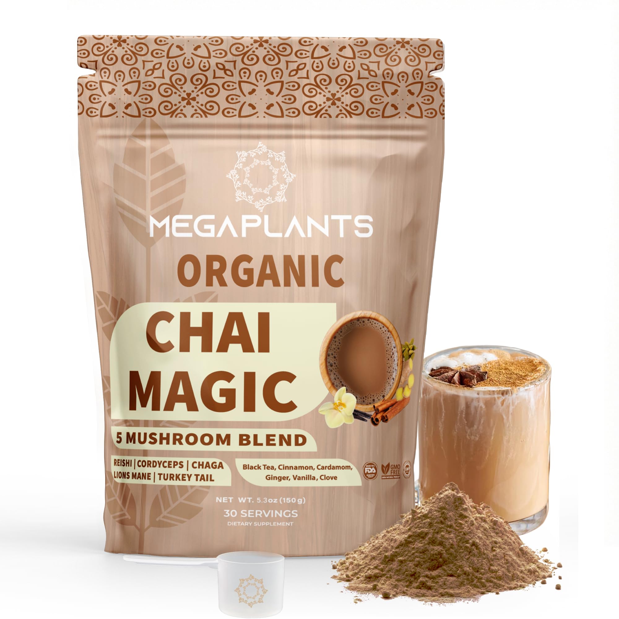Sponsored Ad - Chai Magic (30 Servings) | Superfood 5 Mushroom Powder Blend for Focus, Clarity & Energy + Spiced Masala Chai Blend | Smoothie, Coffee Alternative 5g Scoop