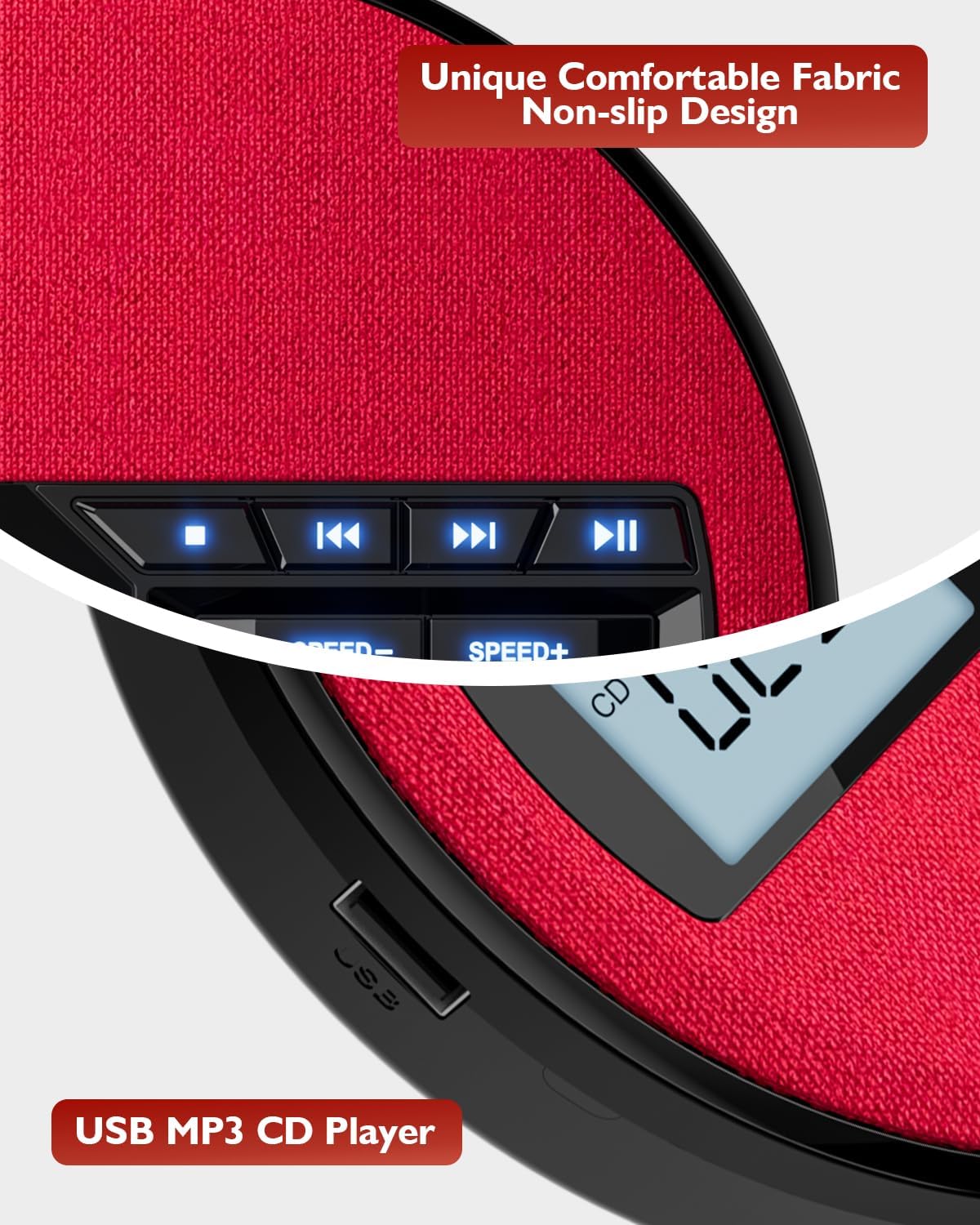 CD Player Portable with Speakers - Rechargeable Personal CD Player for Car and Home, Small Fabric Music Player with Backlit Display, Anti-Skip, AUX/USB Port - Ideal for Audiobooks & Gifts (Red)