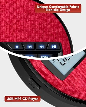 CD Player Portable with Speakers - Rechargeable Personal CD Player for Car and Home, Small Fabric Music Player with Backlit Display, Anti-Skip, AUX/USB Port - Ideal for Audiobooks & Gifts (Red)