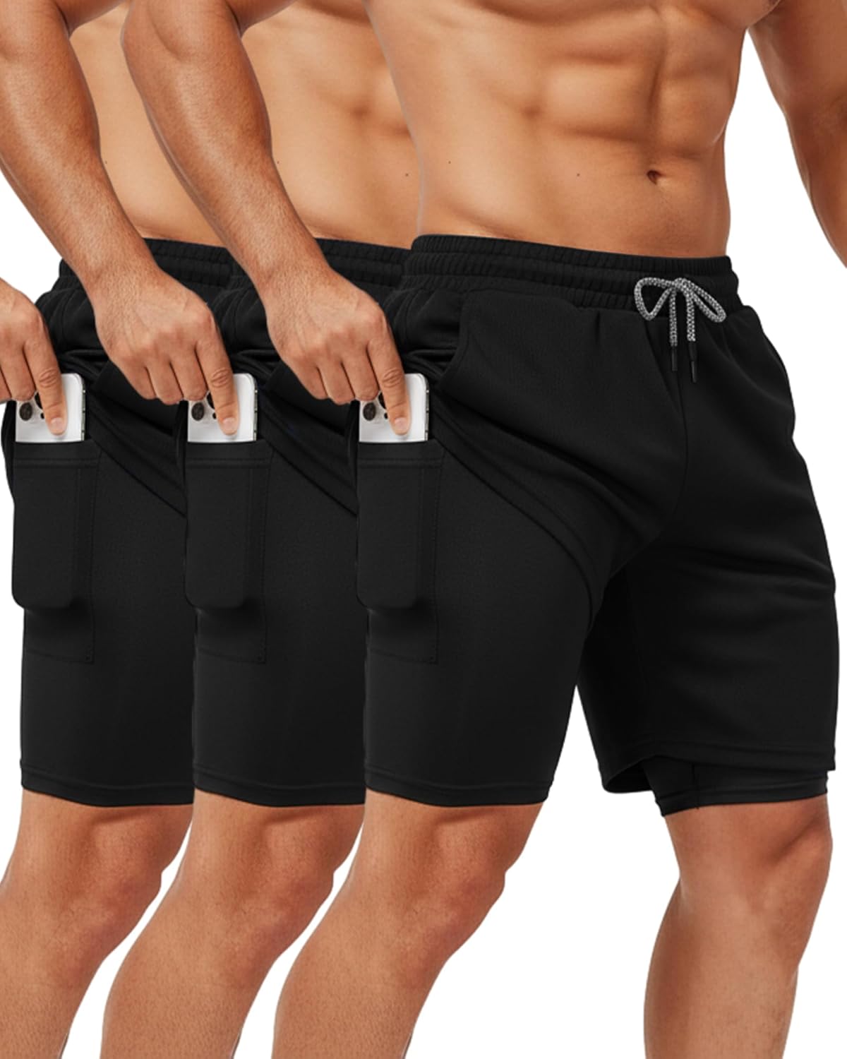 Sureio 3 Pcs Men's 2 in 1 Gym Workout Running Shorts 7 Inch Quick Dry Lightweight Athletic Short with Liner Pocket Towel Loop