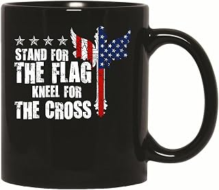 Faith US Patriotic Gift for Standing Flag Kneeling Cross Show Patriotism 11oz 15oz Black Coffee Mug