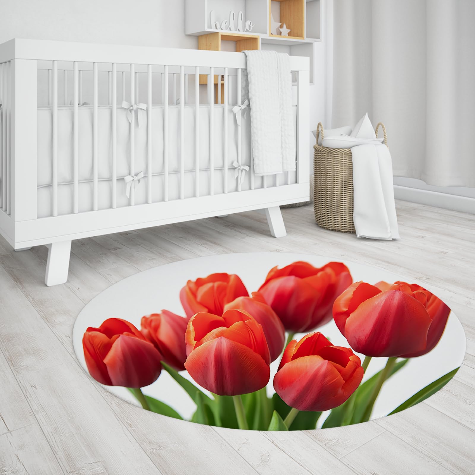 Tapis de chambre enfant 150cm rond tulipe rouge lavable doux