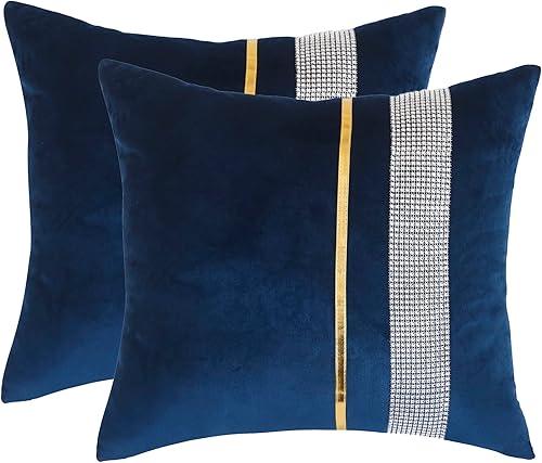 Miniatura 8 de Juego de 2 fundas de almohada de terciopelo verde navideño de 16 x 16 pulgadas con diamantes brillantes a rayas de cuero dorado, fundas decorativas