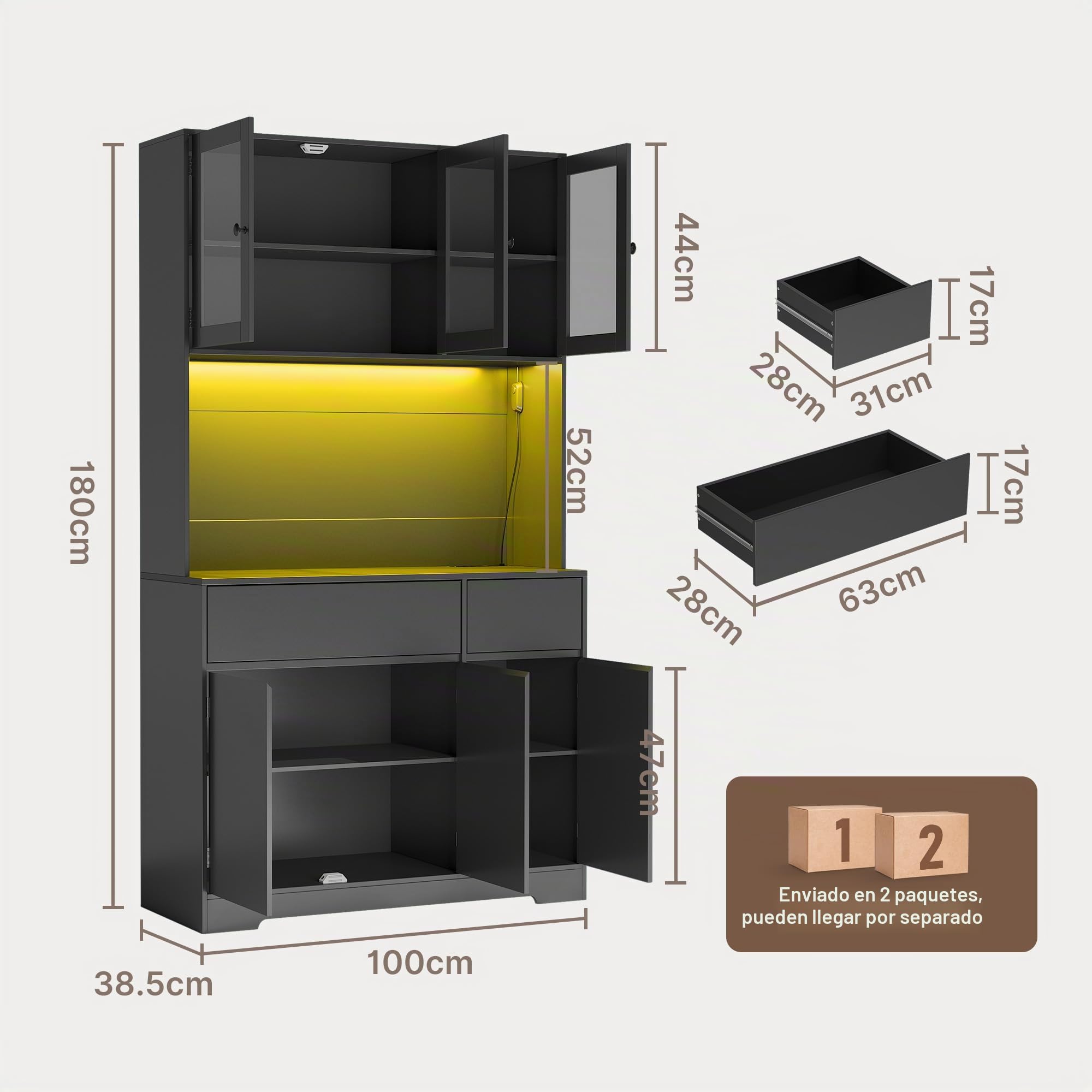 Xbro Armario Cocina Alto con LED y Enchufe, Mueble Auxiliar Cocina con Vitrina 6 Puertas 2 Cajones, Ideal para la Cocina, el Comedor y el salón, 100x38,5x180 cm