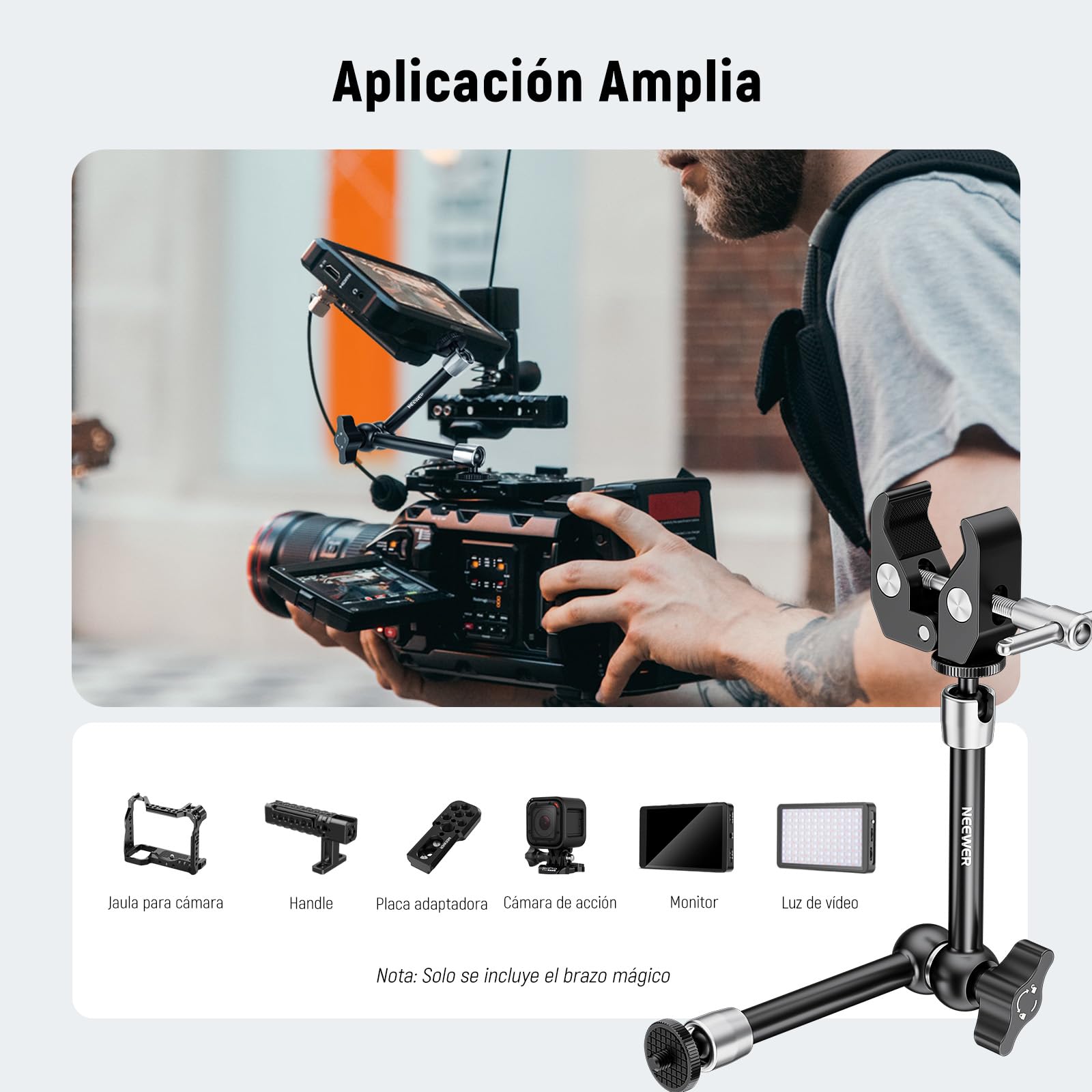 NEEWER Brazo mágico Ajustable de 25 cm con Super Clamp, Rosca de 1/4" y 3/8", Tornillos de 1/4" para Flash/luz LED/micrófono/Monitor Compatible con Jaula de cámara SmallRig, Carga máxima:1.5kg, ST25C