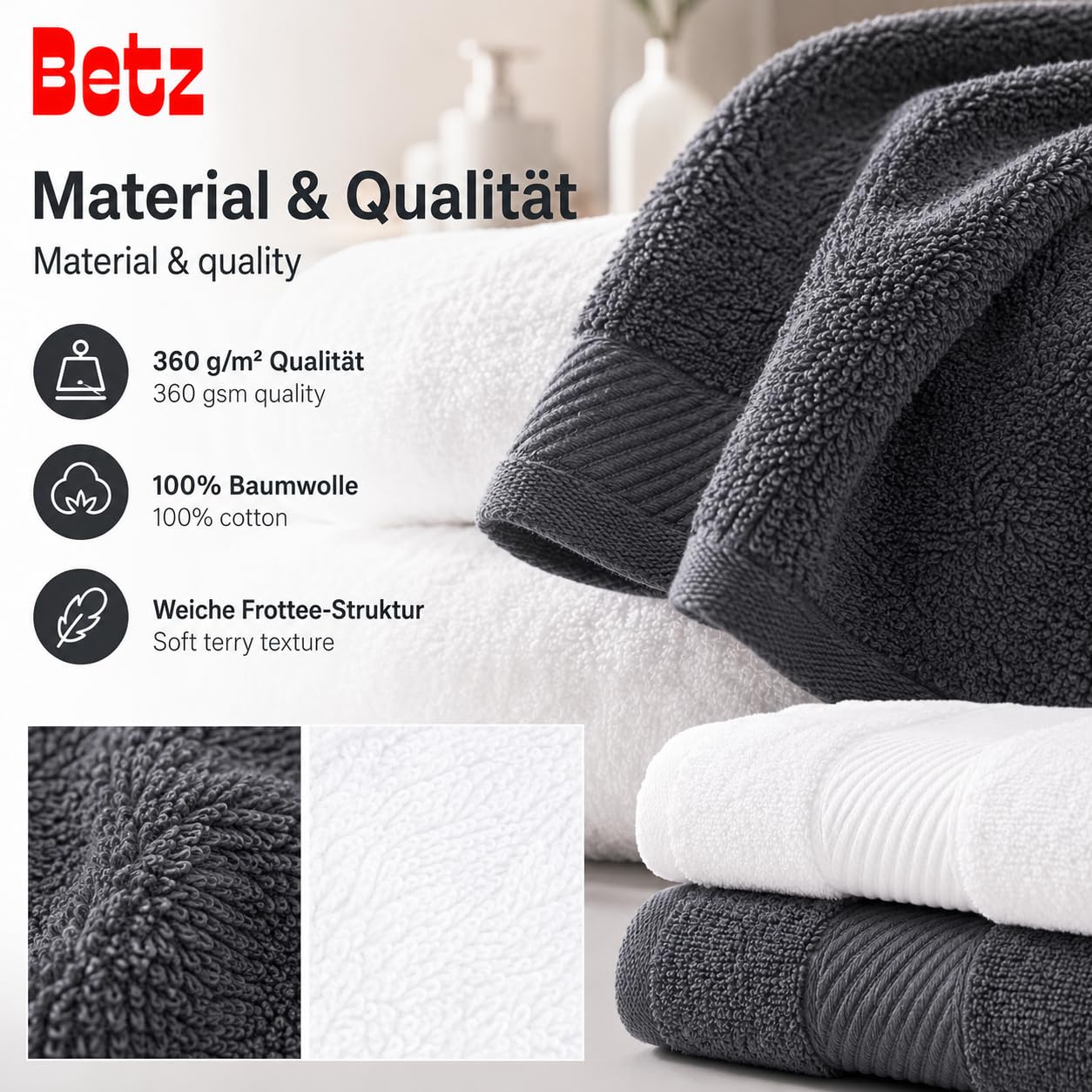 Betz Lot de 12 pièces 100% Coton Palermo 2 draps de Bain 4 Serviettes de Toilette 2 d'invités 2 lavettes 2 Gants de Toilette Couleur Anthracite et Blanc