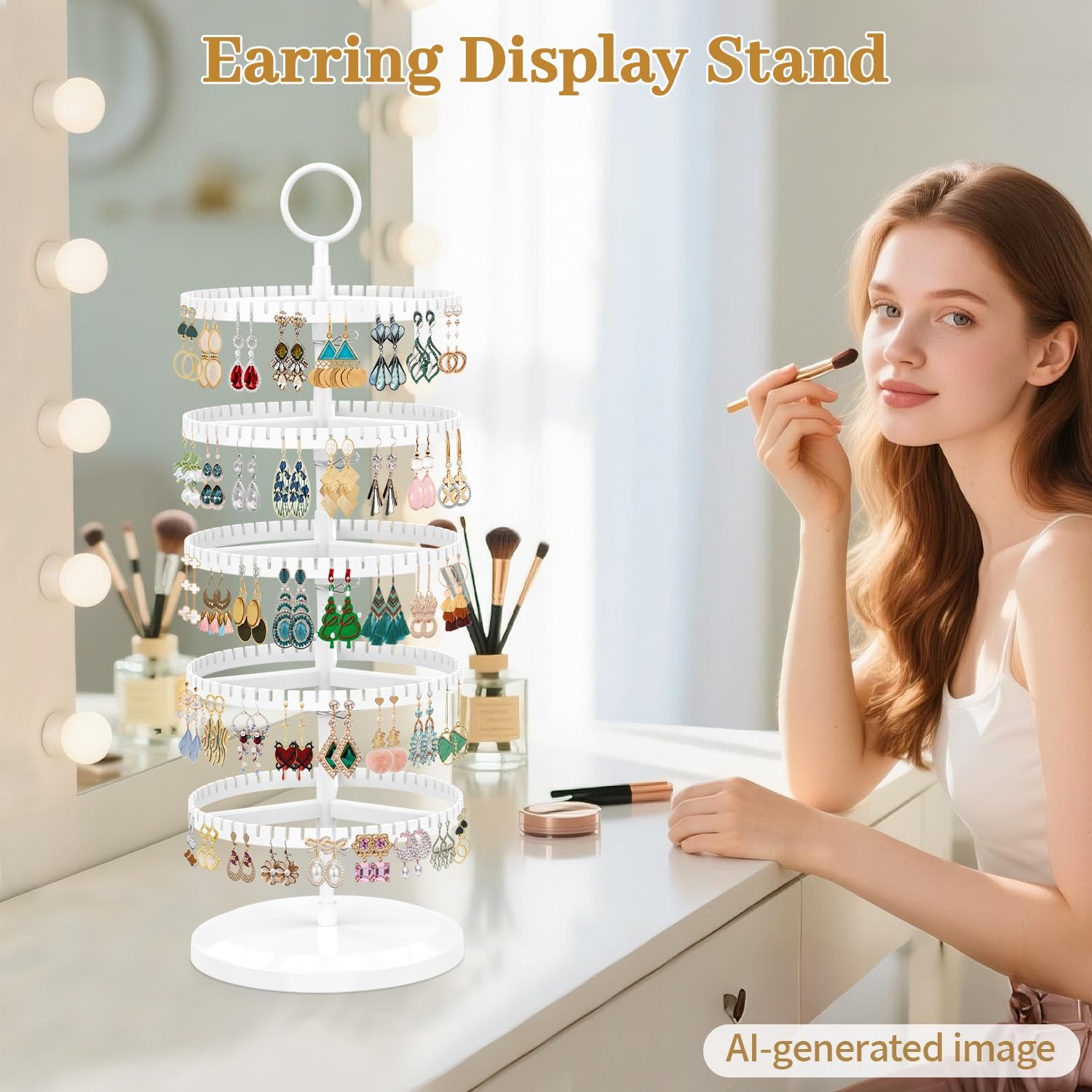 MODOWEY Rotating Earring Holder Organizer Adjustable Display, 5 Tiers White image 2