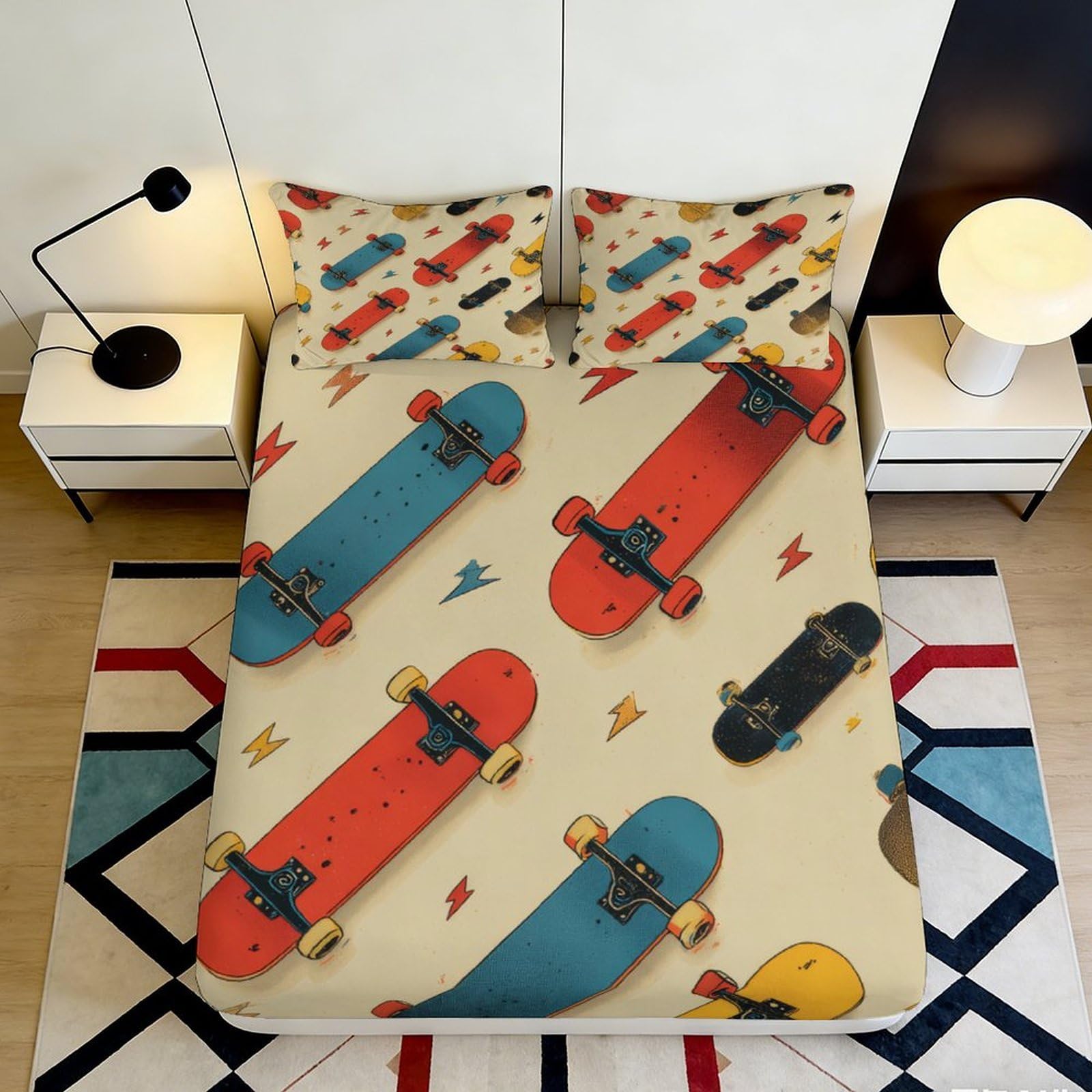 3D Printed Skateboard Fitted Sheet Microfiber Non-Slip Deep Pocket Bedroom Bedding Skateboard Mattress Fitted Cover Washable 140x200x25cm