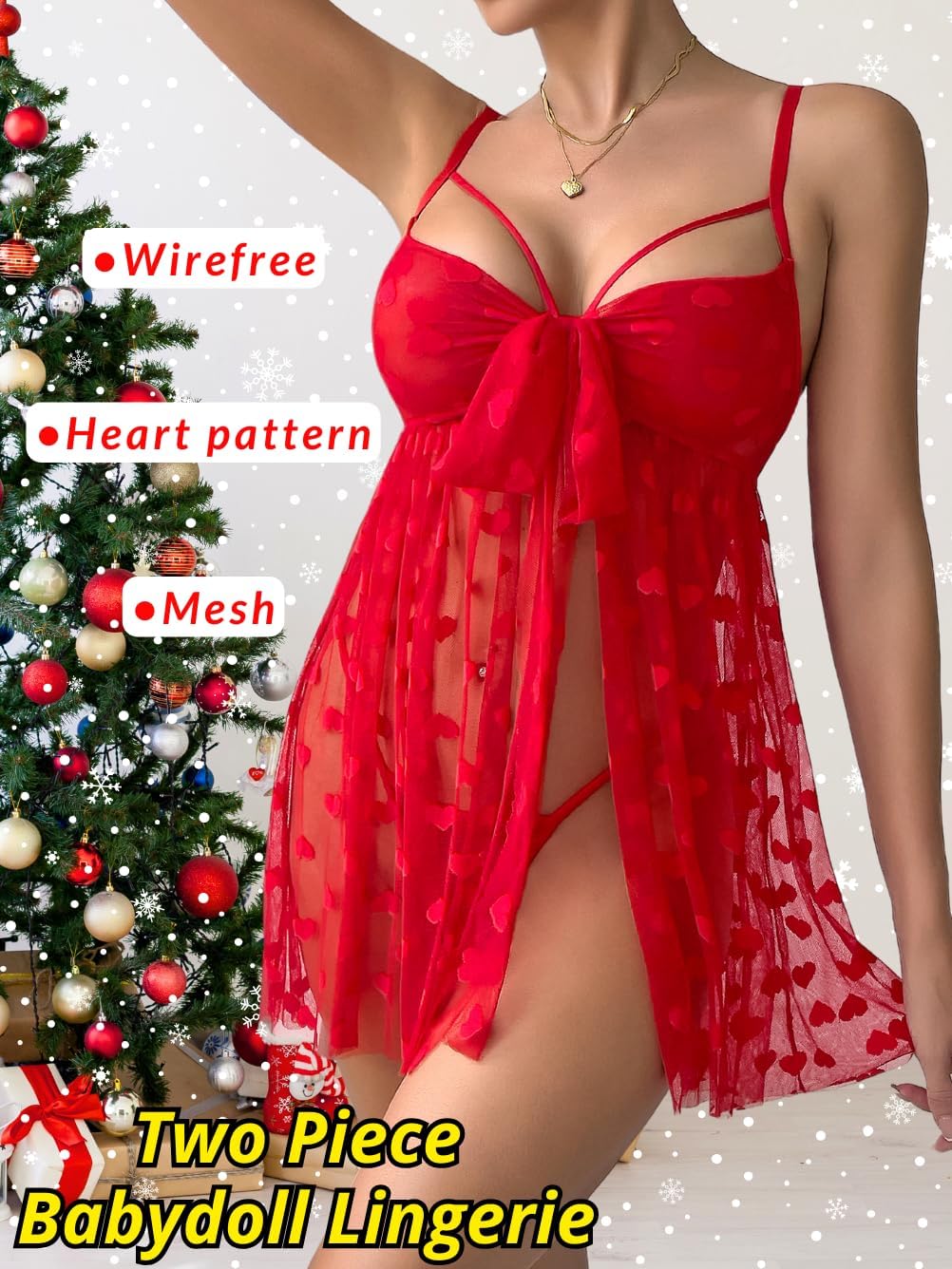 Christmas Lingerie For Women Sexy Gift, Unwrap Me Bow Heart Flowy Babydoll Valentines, Sheer Mesh Sleepwear Exotic - Image 2