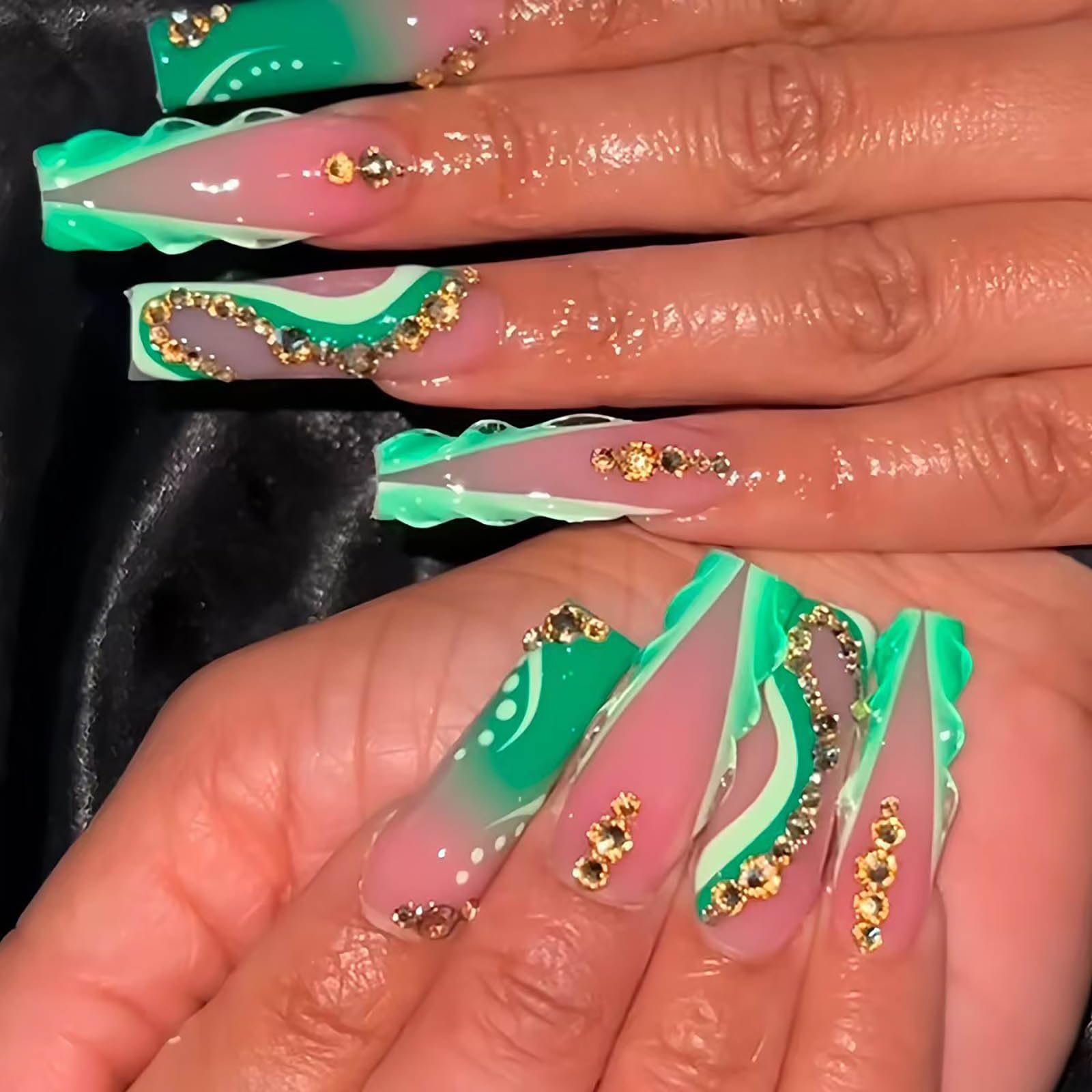 24Pcs Press on Nails Long Square Fake Nails Green French Tip Acrylic Nail with 3D Swirl Designs False Nails Gold Rhinestones Glue on Nails for Women