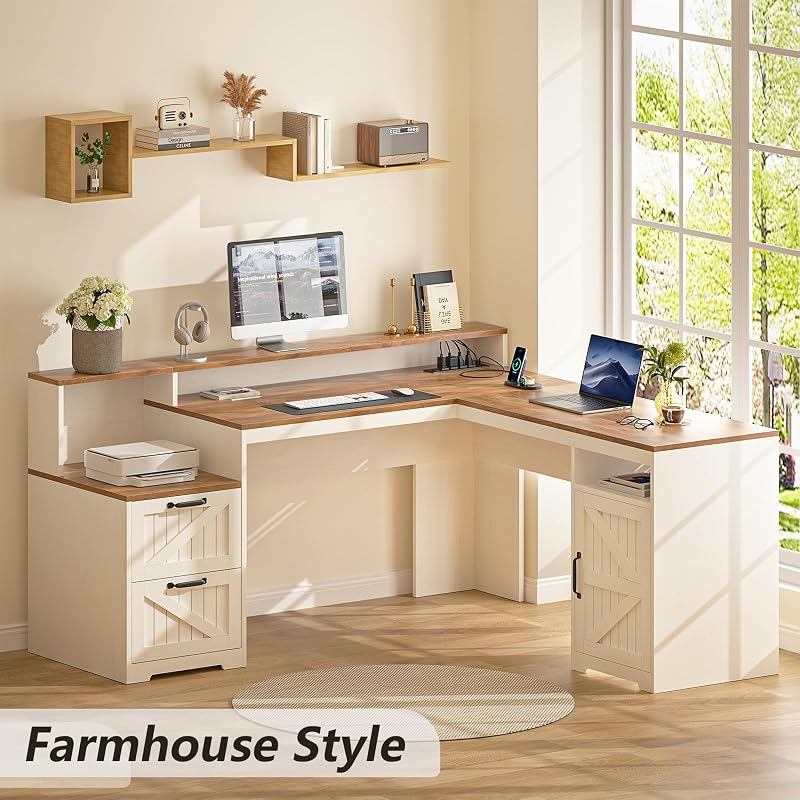 63" Farmhouse L Shaped Desk with Drawers & Printer Shelf for Home Office image 3
