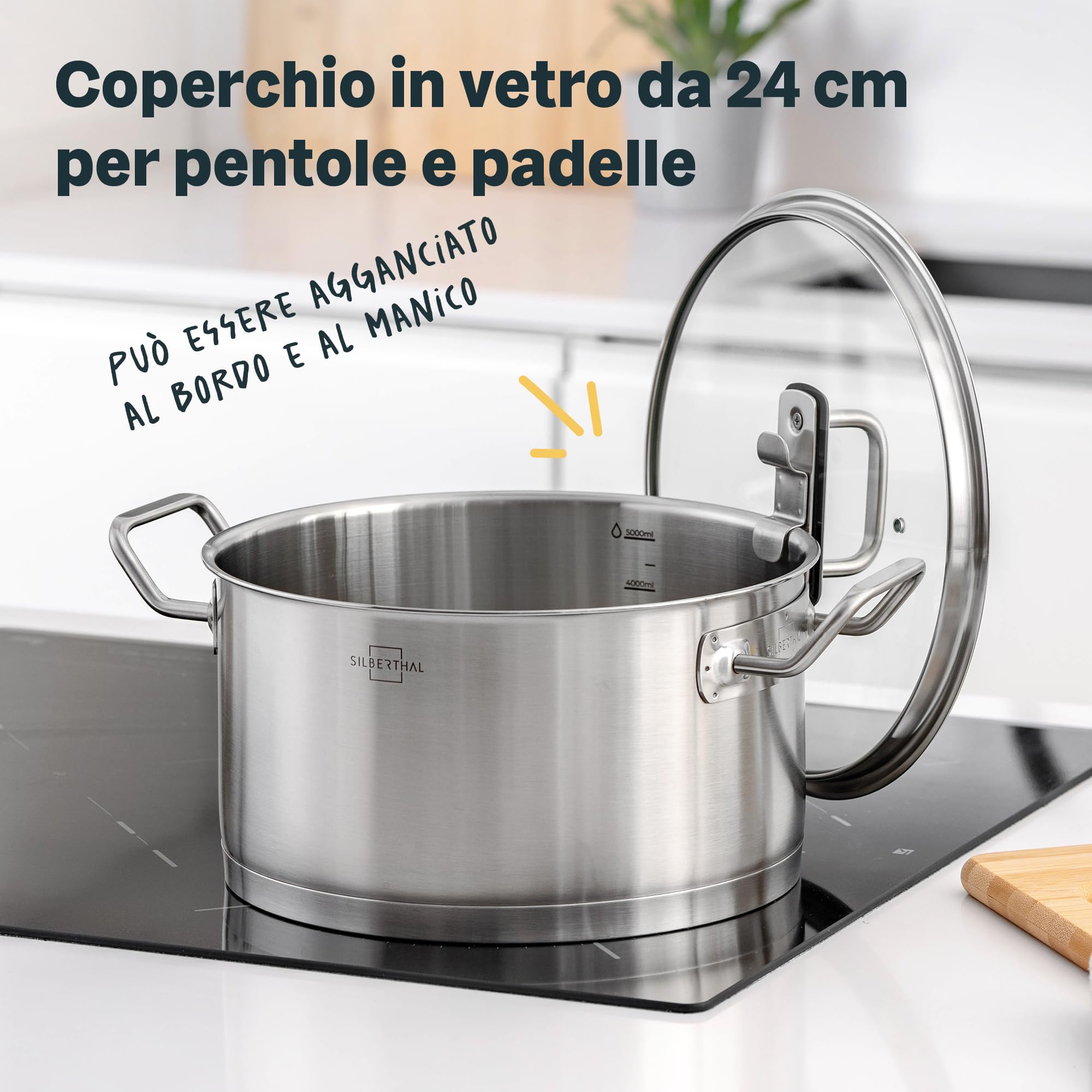Pentola In Acciaio Inox 24cm Con Coperchio Vetro - Casseruola Da 5L Per Induzione E Forno
