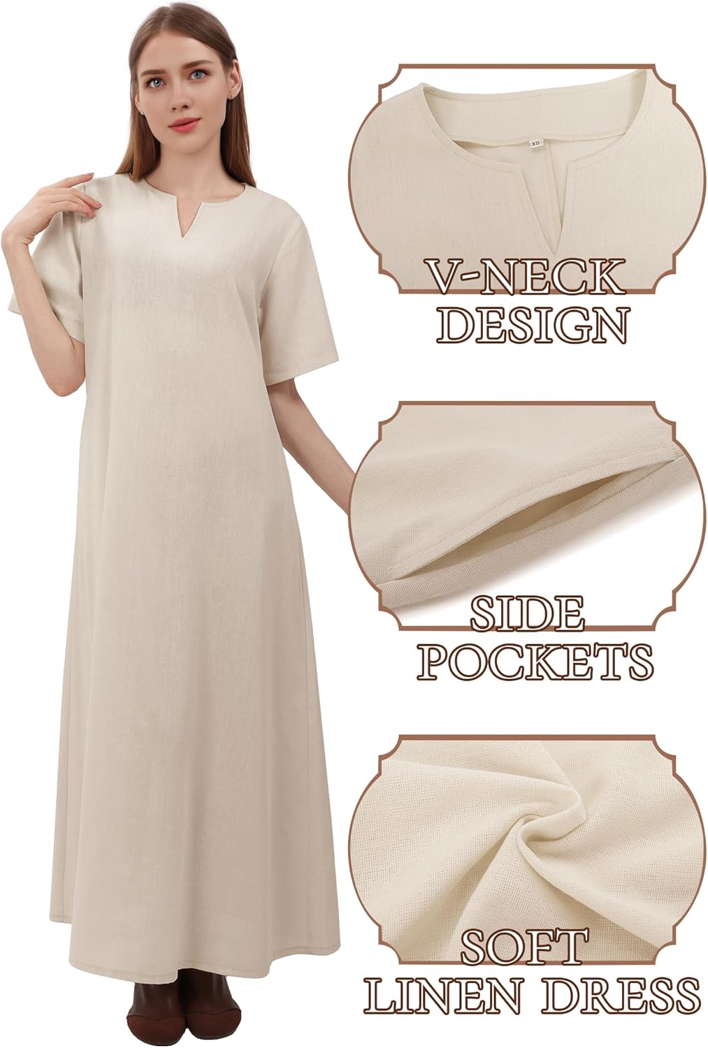 Medieval Underdress Renaissance Linen Dress Women Short Sleeves Tunic Peasant Dresses Costume with Pockets - Image 4