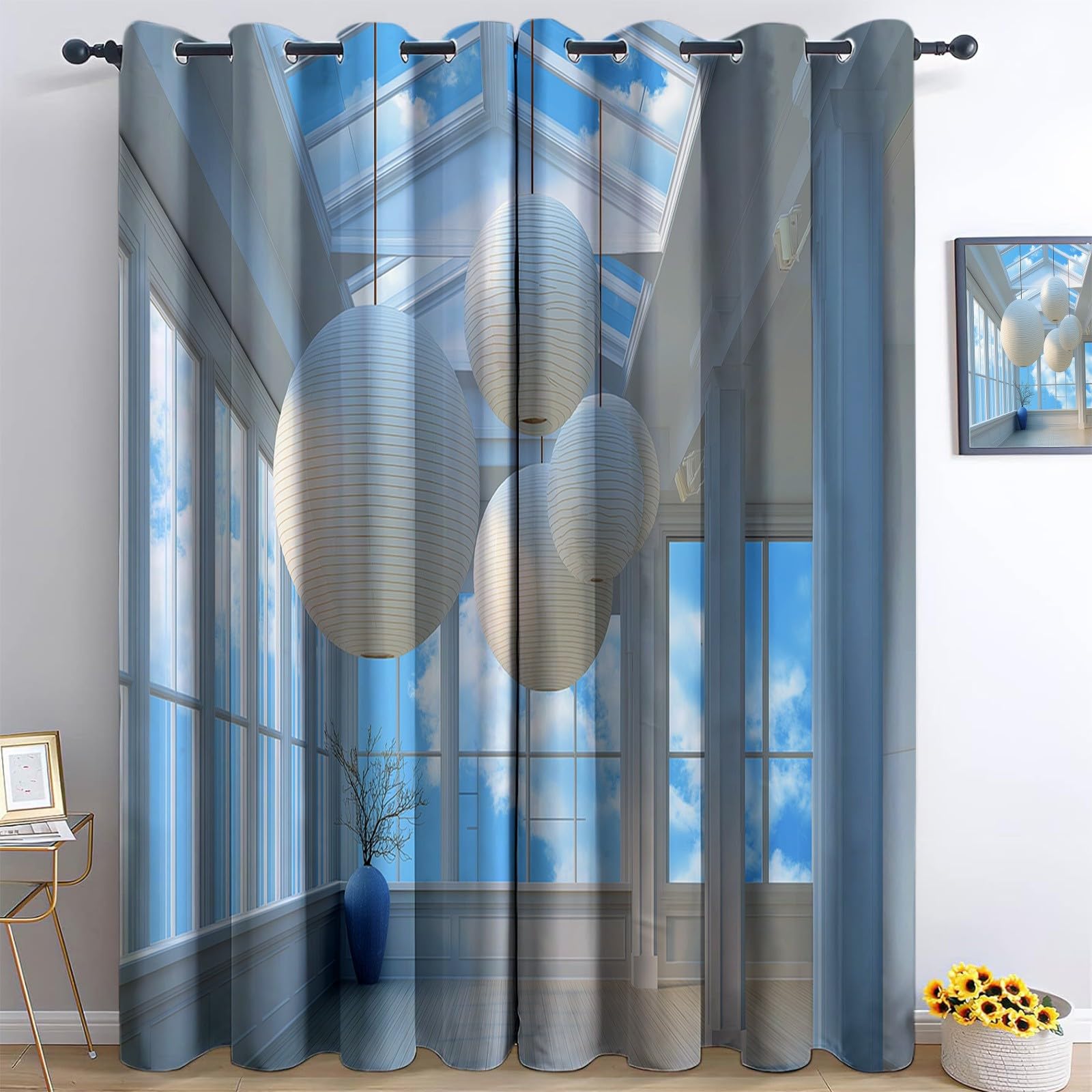 Générique Rideaux Occultants Enfant Lanternes Nuages 110 x 215 cm (L x H), Isolation Phonique à Œillets Plafond, pour Chambre Garçon (2 Panneaux) Bleu Clair