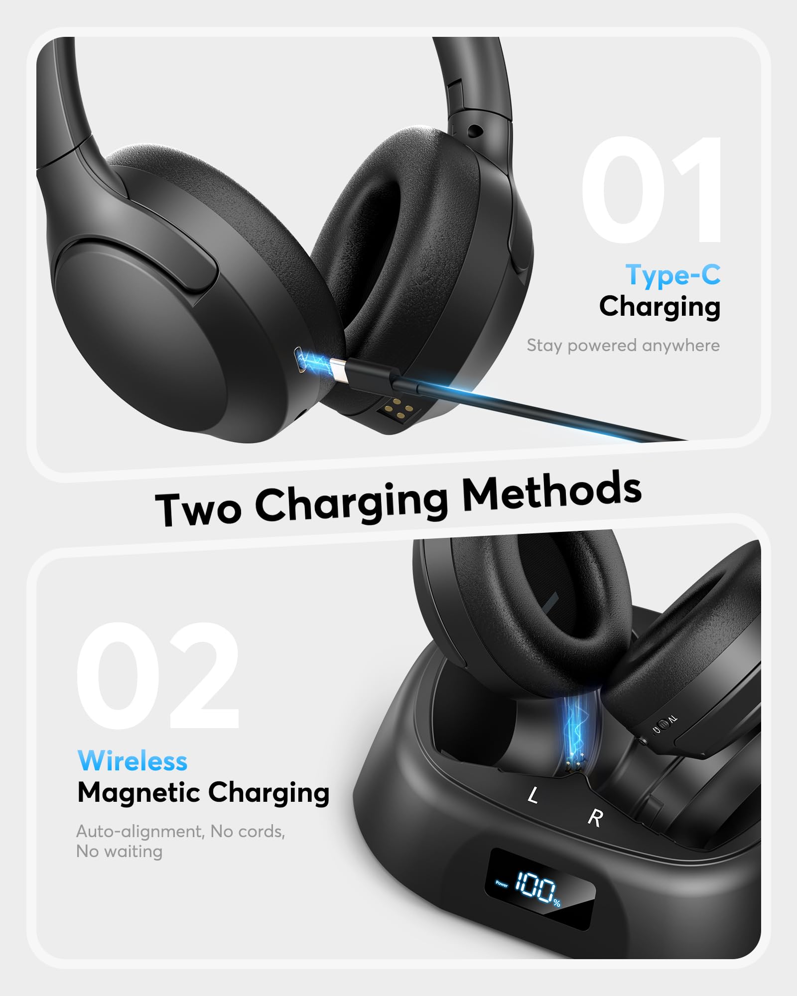 Doohoeek Casque Audio TV sans Fil, Casque Bluetooth 5.3 avec Station de Charge & Écran Digital, Autonomie 60H, Casque Léger et Pliable pour TV (Optique, AUX & Bluetooth)