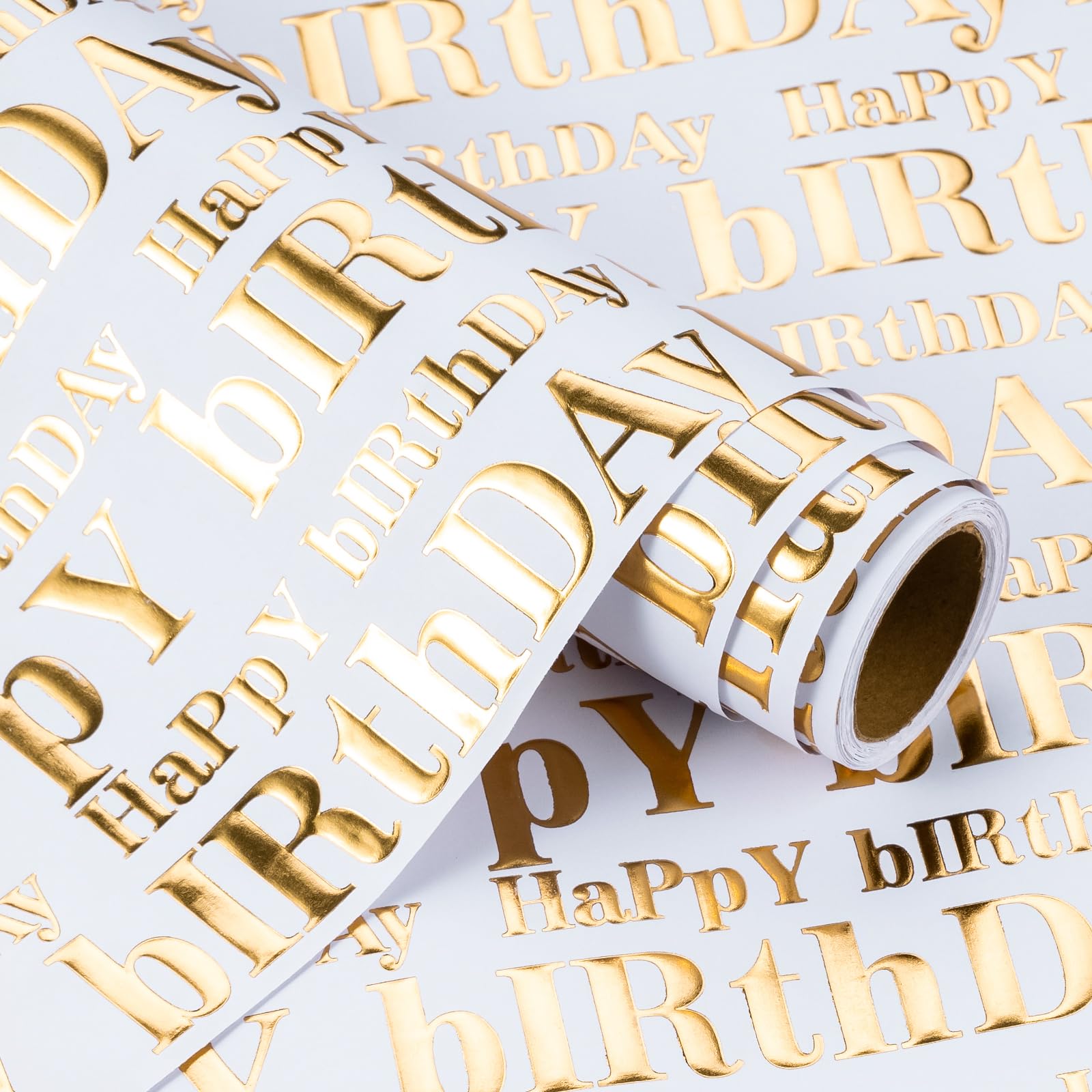 RUSPEPA 3D Kraft Birthday Wrapping Paper Roll - Mini Roll - 43.2cm x 5m - Gold and White Happy Birthday Lettering Design with Embossed Perfect for Party Celebration