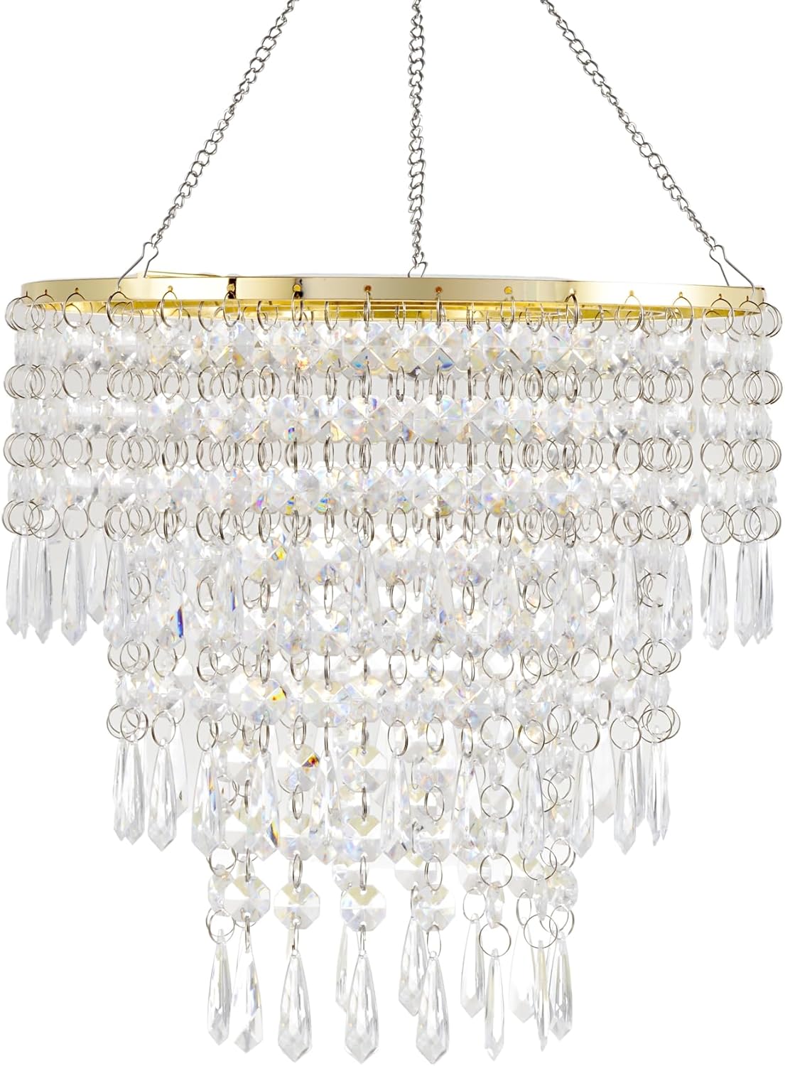 FlavorThings Gold Frame Plug in 3 Tiers Faux Crystal Acrylic Beaded Chandelier Ceiling Pendant Light with Clear Acrylic Jewel Droplets with ON/Off Switch and 16.4ft Clear Hanging Cord