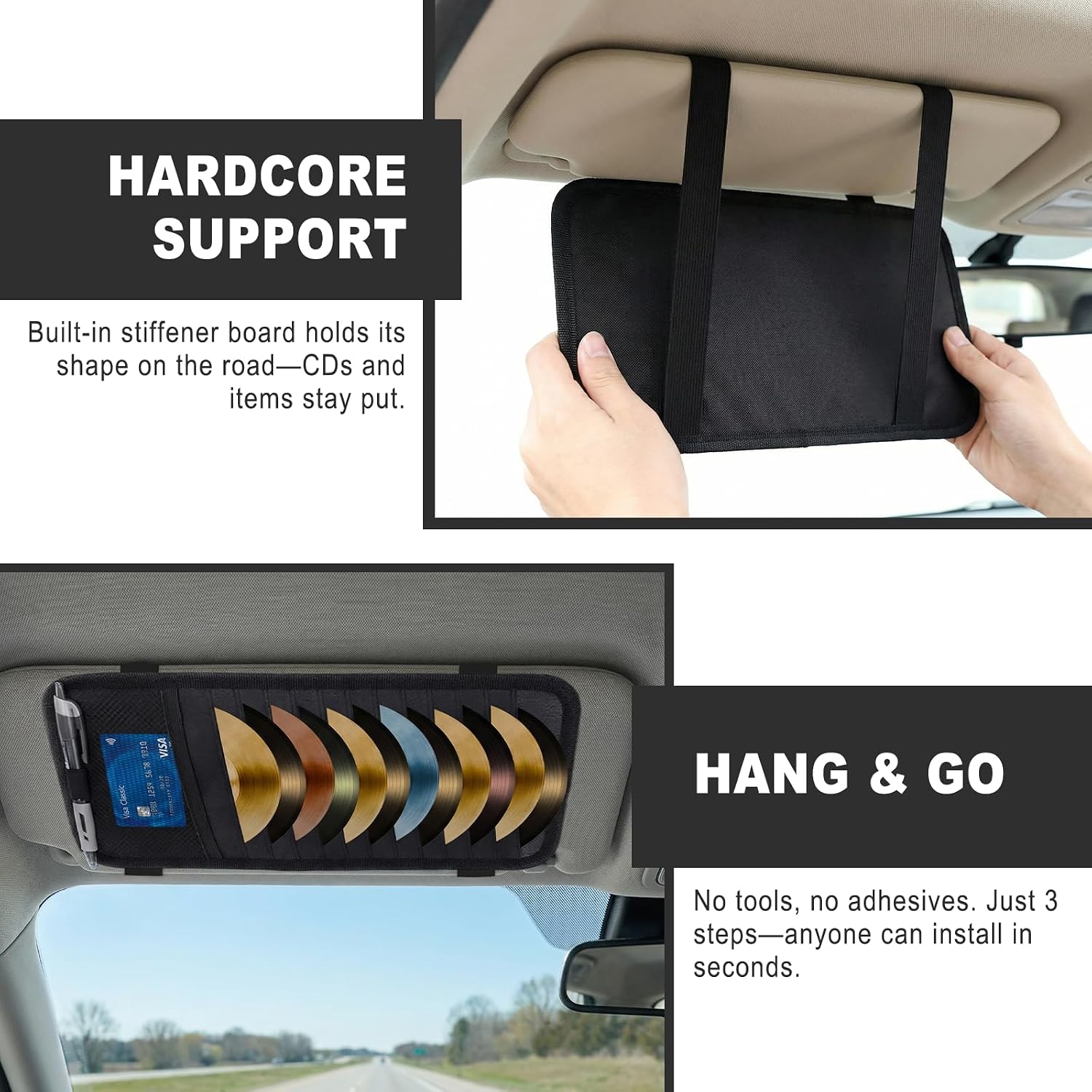 CD Holder for Car Visor, 12-Sleeve CD & DVD Case Holder, Mesh Pocket, Pen Organizer & Elastic Band, Universal Car Visor Organizer for Sunvisor Storage (Black)