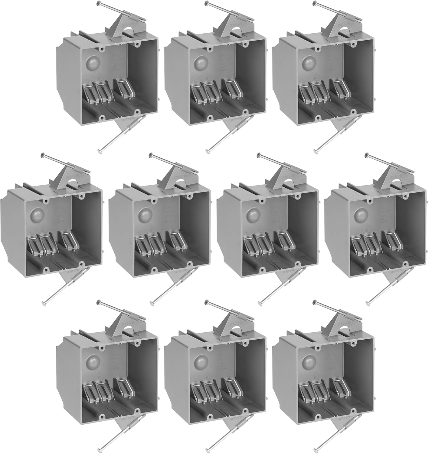 Maxxima 2 Gang 32.5 cu. in. PVC New Construction Electrical Switch and Outlet Junction Box, New Work Non-Metallic Electrical J-Box w/Nail, ETL Listed, 2 Hour Fire Rating, Gray, 10-Pack