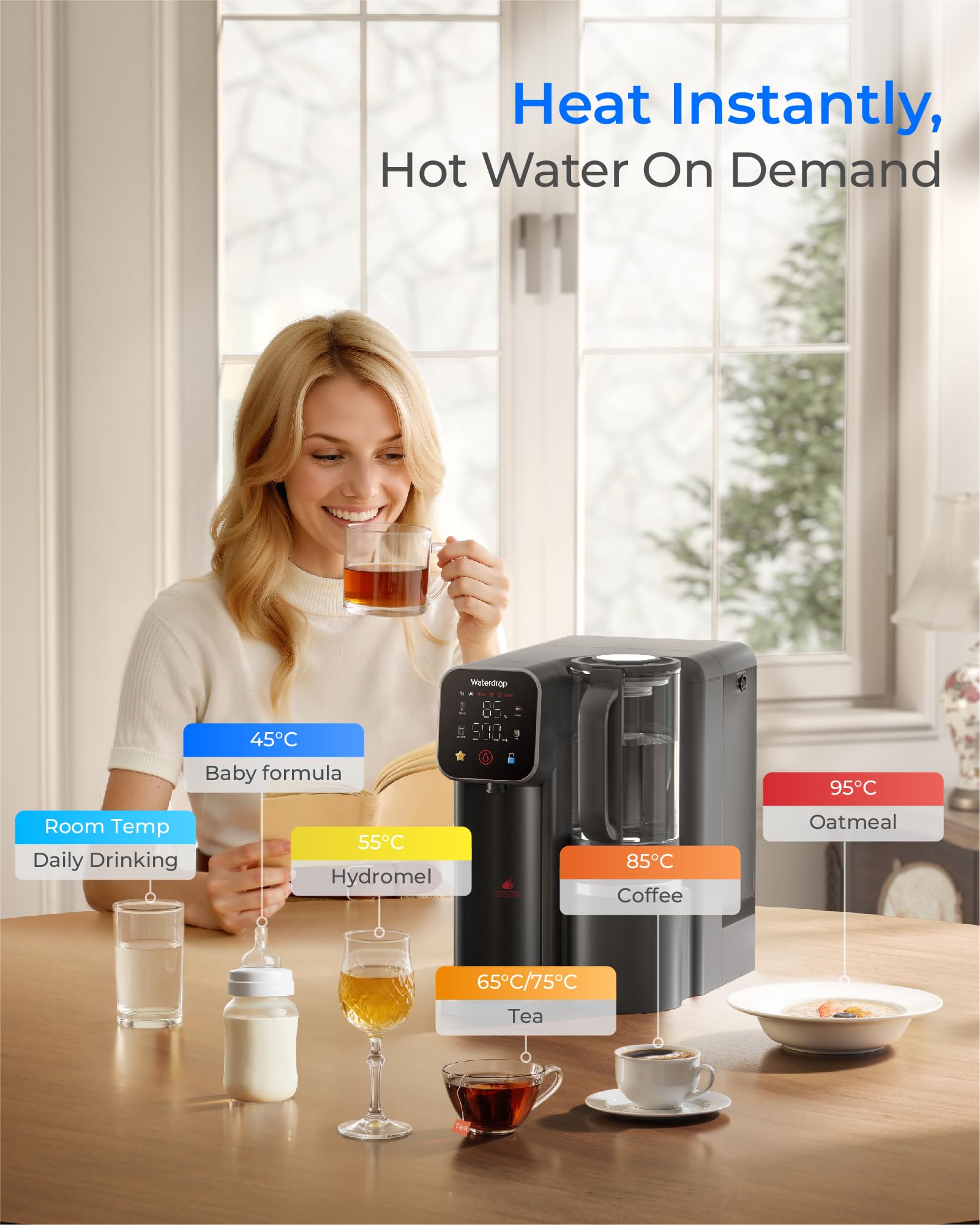 Waterdrop M6HG Mineralizzata Osmosi Inversa, Acqua Calda Istantanea, Certificato NSF/ANSI 58 & 372, 8 Stadi di Filtrazione, Rapporto Acqua Pura/Scarico 3:1, 5 Temperature, Caraffa in Vetro, Senza BPA