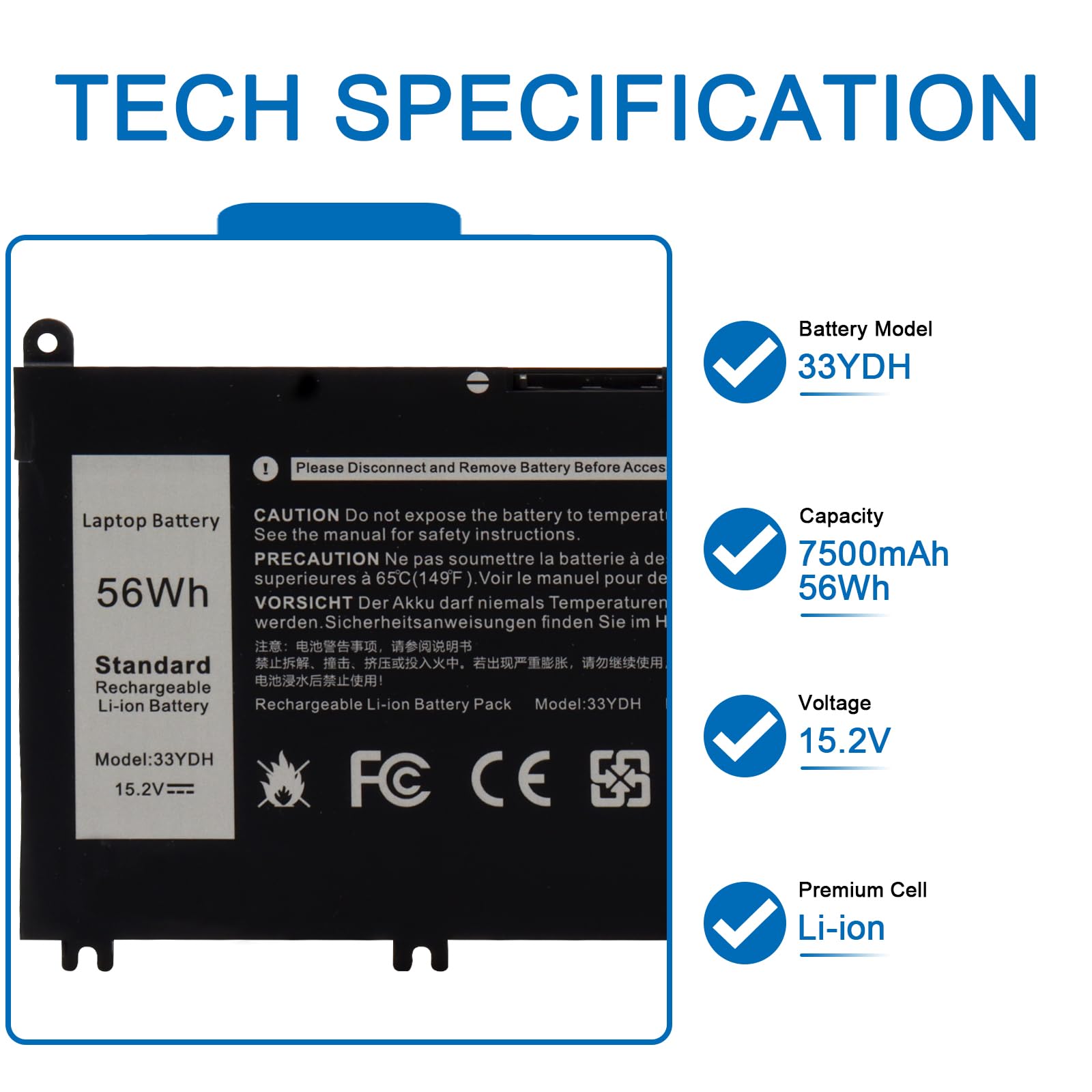 33YDH Laptop Batterie pour Dell Inspiron 17 7000 7778 7779 7786 7773 15 7577 G3 3579 3779 G5 5587 G7 7588 Latitude 13 3380 14 3490 15 3590 3580 Vostro 15 7580 7570 81PF3 081PF3 PVHT1 P30E