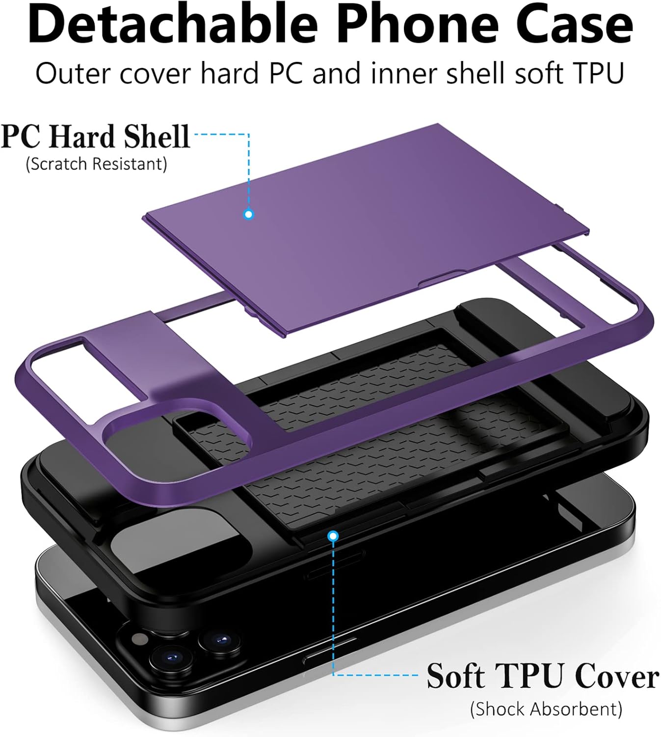 Vofolen Case Wallet Credit Card Holder ID Slot Sliding Door Hidden Pocket Men Women Anti-Scratch Dual Layer Hybrid Bumper Armor Protective Shell Back Cover GreyPurple
