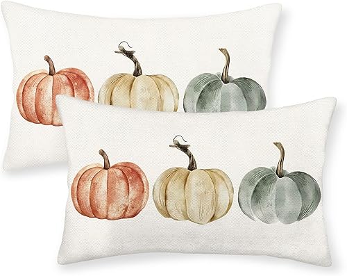 Miniatura 282 de Juego de 2 fundas de almohada de otoño de 18 x 18 pulgadas, hojas de arce de calabaza y búfalo a cuadros, decoración de otoño, de lino, Acción
