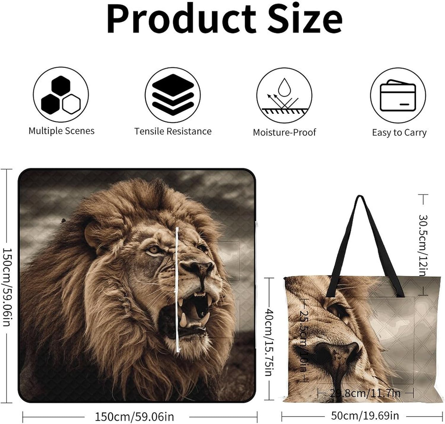 Picnic Blankets Waterproof Sandproof Beach Blanket Angry Lion Foldable Beach Mat for Spring Summer Camping, Park, Travel