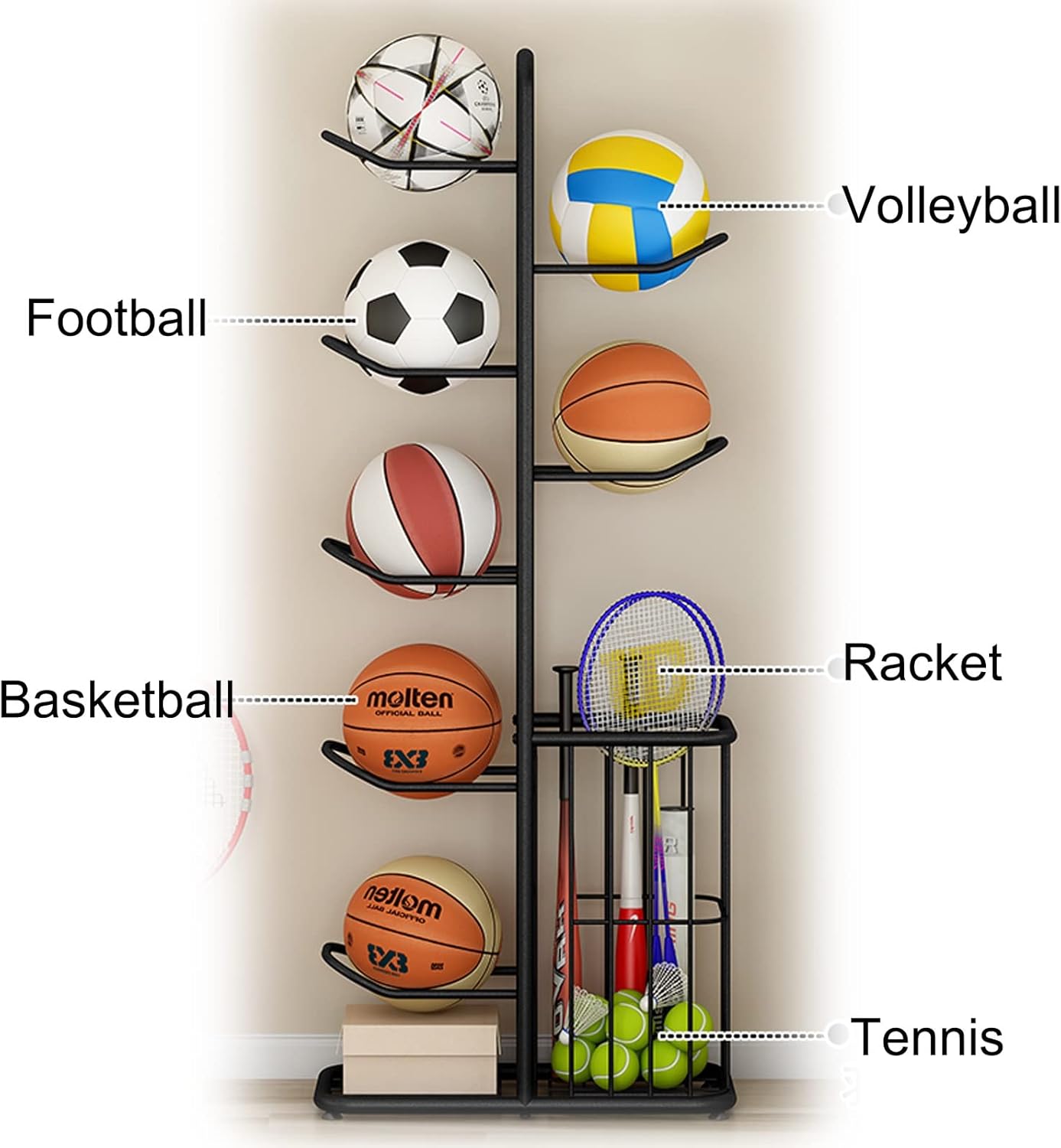 Vertical Metal Ball Storage Rack - Multi-Functional Sports Organizer Holder, Space-Saving Design, Easy to Carry, Durable Steel, White Color, Size: 86x24x58cm