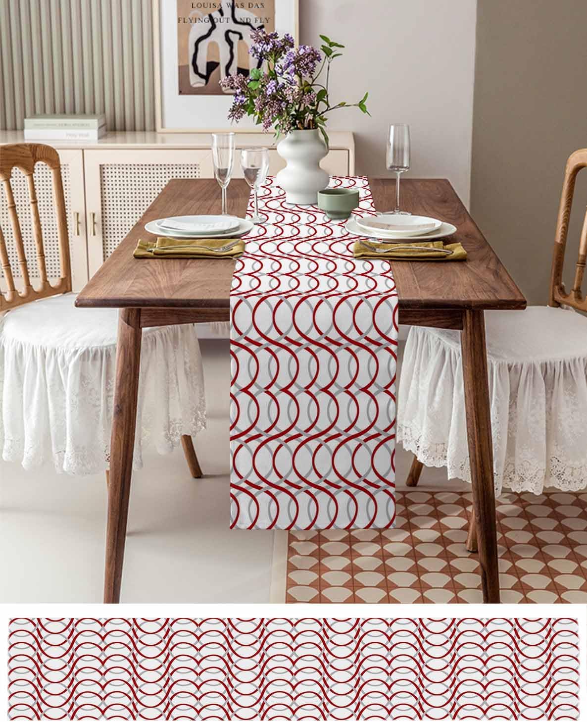 Abstract Gray Red Table Runner 90 Inches Long for Dining Table, Cotton Linen Farmhouse Table Runner Washable Coffee Table Runners Dresser Scarf for Kitchen Party Holiday Modern Geometric Nordic Style
